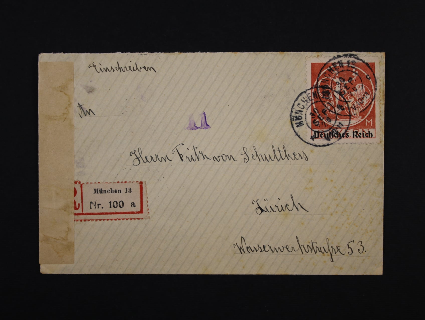R-dopis do Zurichu frank. zn. Mi. č. 135 I, pod. raz. MÜNCHEN 30.SEP.20, cenzurní páska a přích. raz., dobrá kvalita, zajímavé, 60 EUR