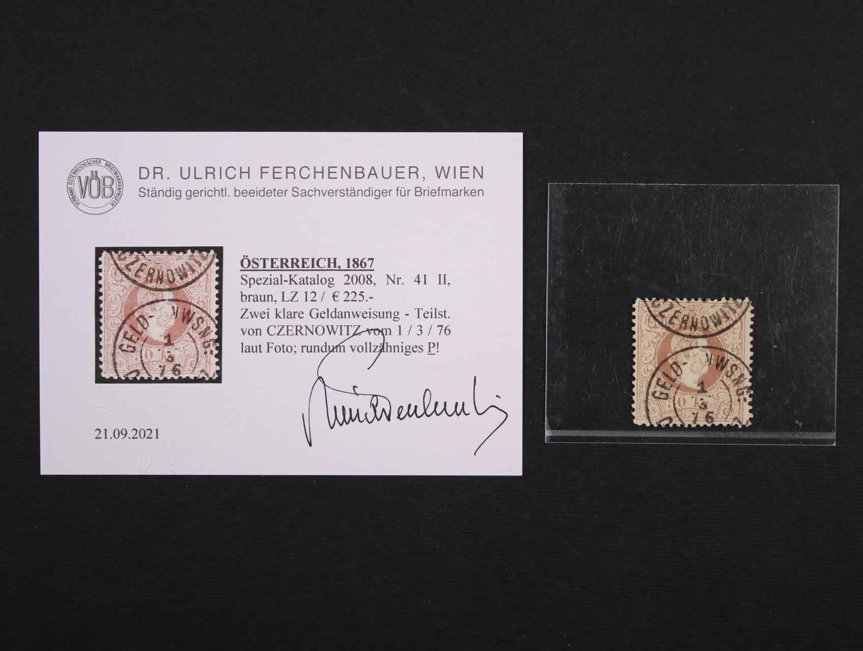 zn. Fe. č. 41 II, ŘZ 12 se dvěma nekompl. raz. GELD-ANWEISUNG CZERNOWITZ 1.3.76, zajímavé, 225 EUR, atest Ferchenbauer