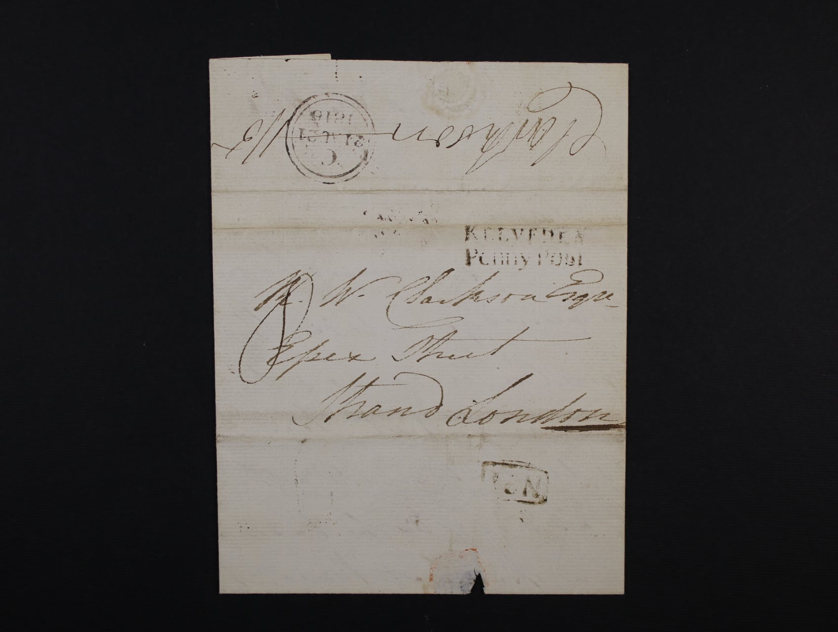 předzn. skl. dopis z r. 1816 s pod. řádk. raz. KELVEDEN Penny Post + průch. a přích. raz.