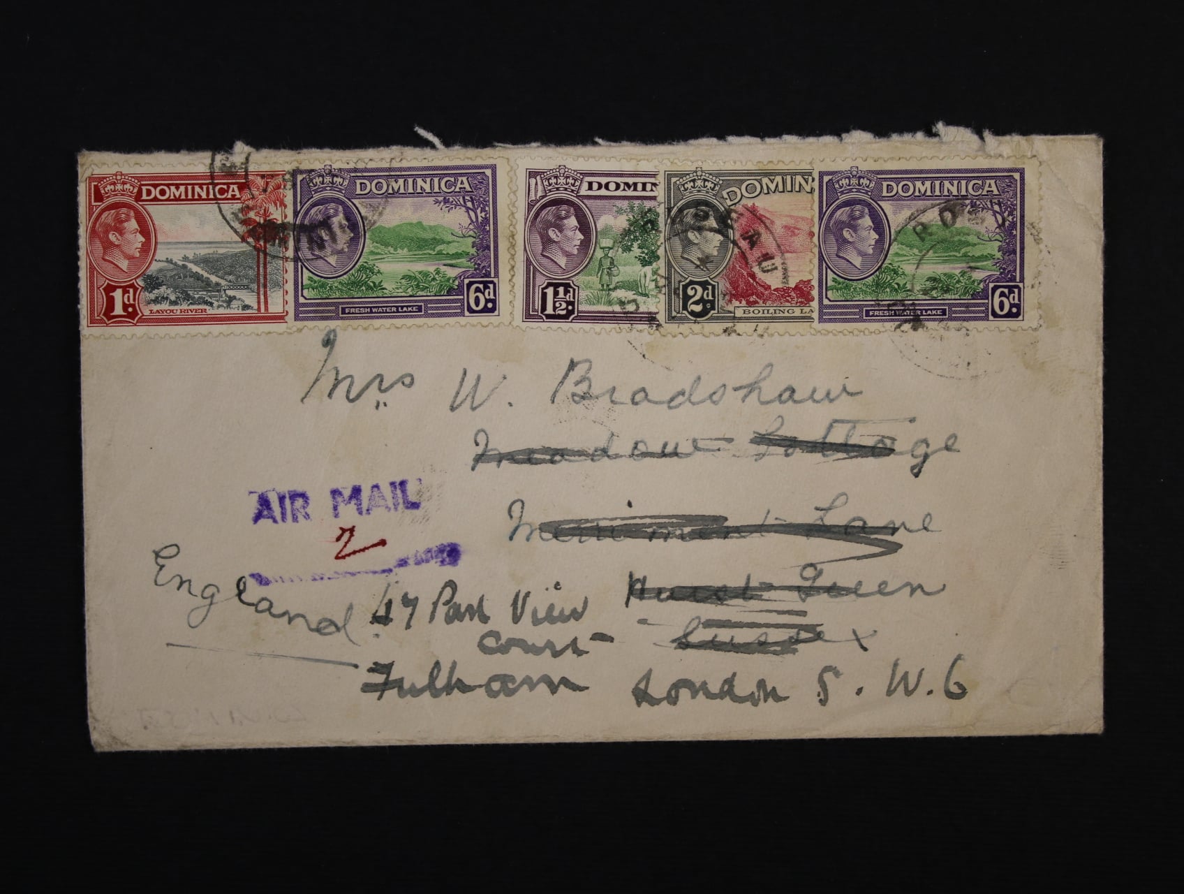 Dominica - let. celistvost do Anglie frank. pestrou frankaturou, pod. raz. ROSEAU DOMINICA 7.9. .., zajímavé