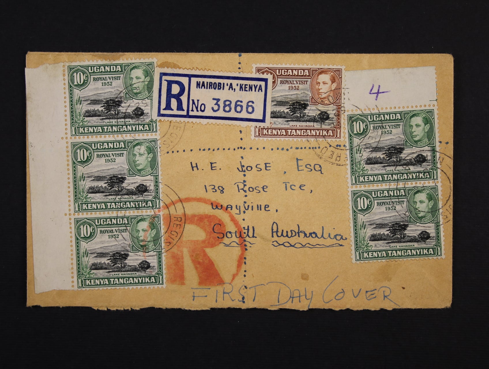 Uganda Kenya Tanganyika - R-dopis do Austrálie frank. zn. 10c (5x) + 1Sch ROYAL VISIT 1952, pod. raz. NAIROBI REGISTERED 1.FE.52 + průch. a přích. raz., zajímavé