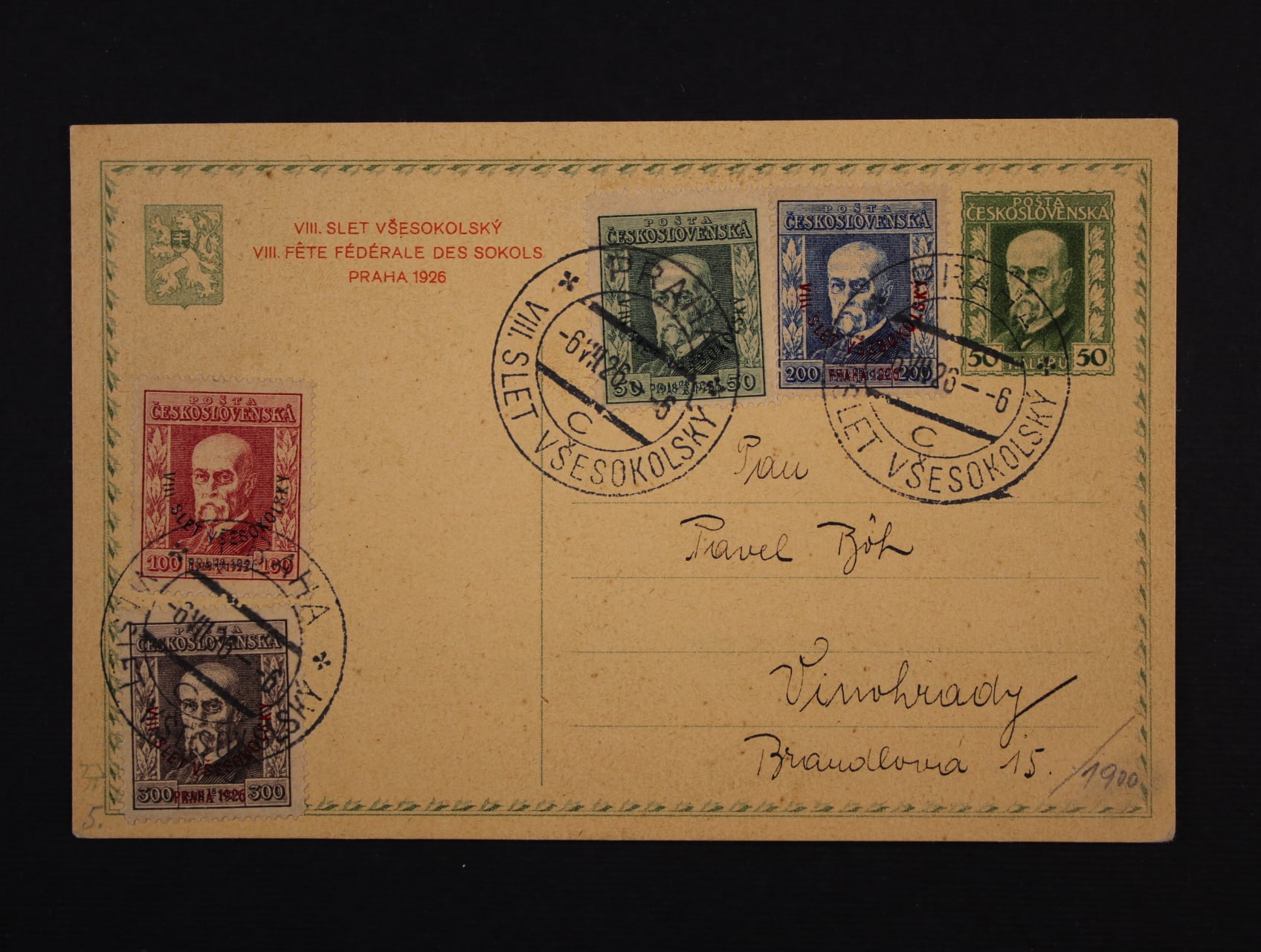 CDV 32 s dolepenými zn. č. 183 - 86, pod. raz. VIII. SLET VŠESOKOLSKÝ PRAHA 6.7.26 C