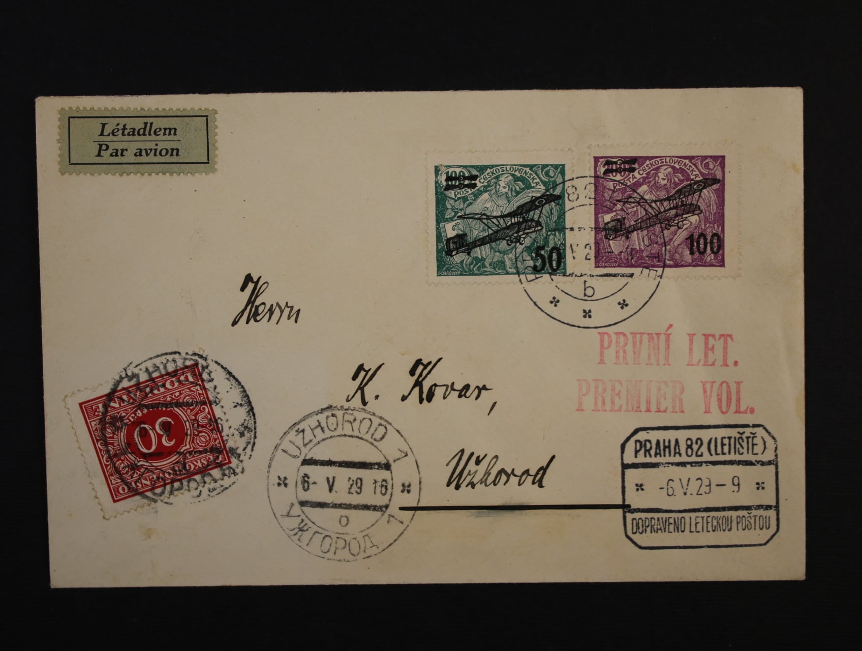 let. dopis přepr. 1. letem Praha - Užhorod frank. mj. zn. L č. 4, L č. 6, pod. raz. PRAHA 82 6.5.29 + rámečkové raz. PRAHA LETIŠTĚ, červený let. kašet PRVNÍ LET. PREMIER VOL., + přích. raz. UŽHOROD, v