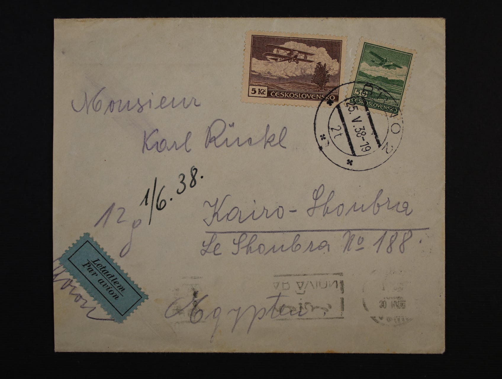 let. dopis do Egypta frank. zn. L č. 7 + L 12, pod. raz. BRNO 25.5.38, průch. rámeč. raz. PRAHA 7 LETECKÁ POŠTA 26.5.38 a přích. raz. CAIRO 1 30.MAY.1938, zajímavá destinace, dobrá kvalita
