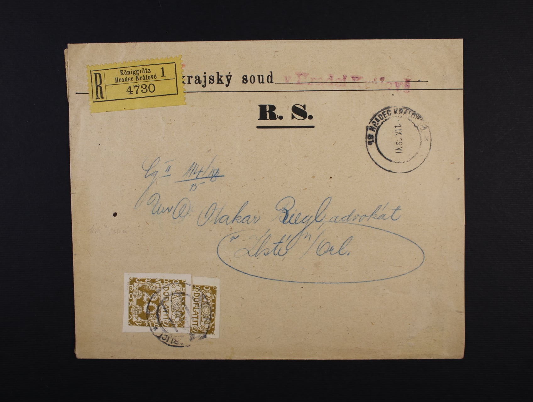 úřední R-celistvost Krajského soudu do Ústí nad Orlicí s pod. raz. HRADEC KRÁLOVÉ 1.9.1919 s vybraným poplatkem 30h s vylepenou zn. DL č. 4 + vodorovně půlenou zn. DL 4 a raz. ÚSTÍ NAD ORLICÍ, zajímav