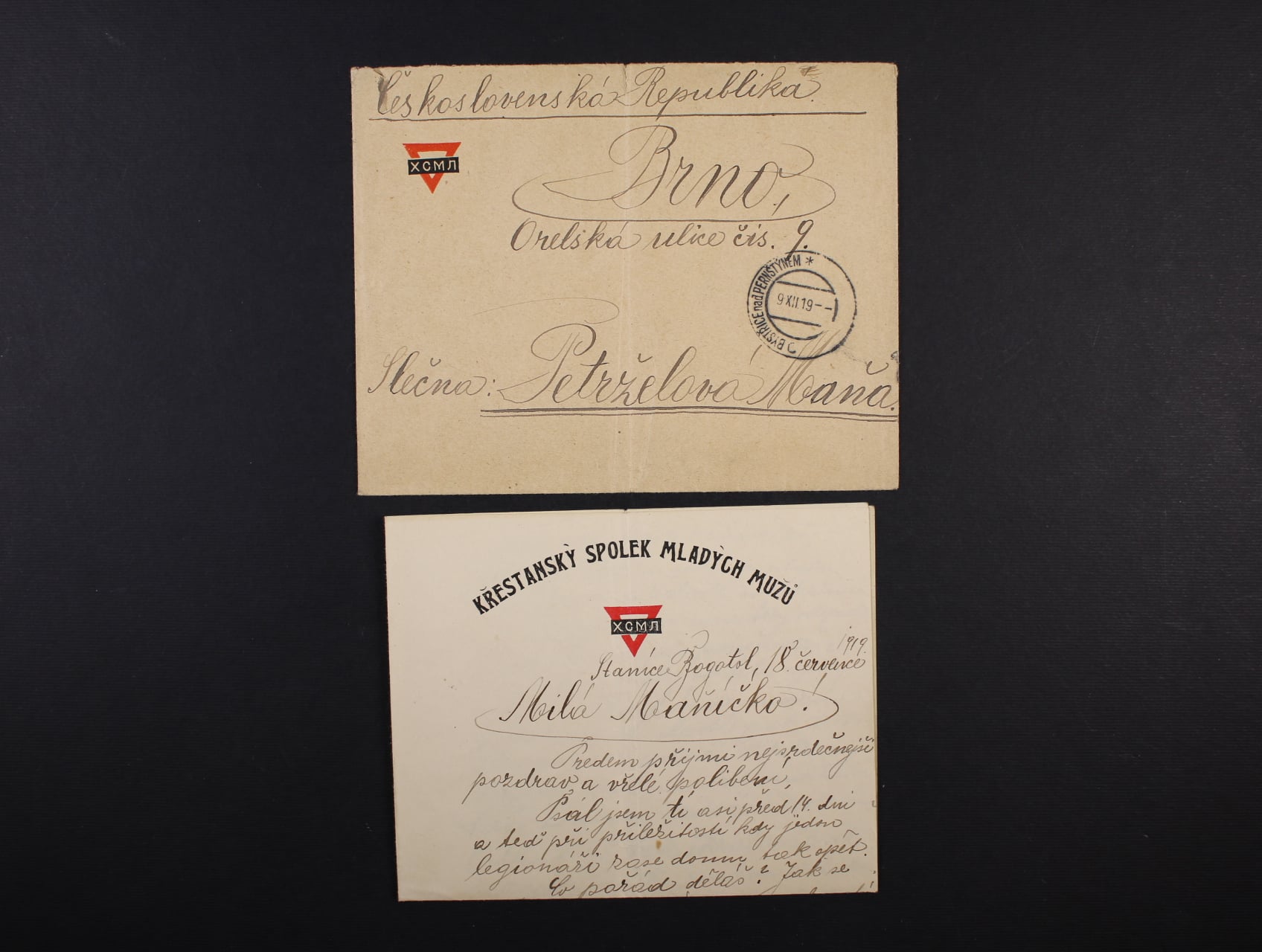 Sibiř - dopis vč. obsahu do Brna odeslaný ze stanice Bogotol 18. července 1919 příslušníkem 8. stř. slezs. pluk I, kulometná rota, stopy pošt. provozu