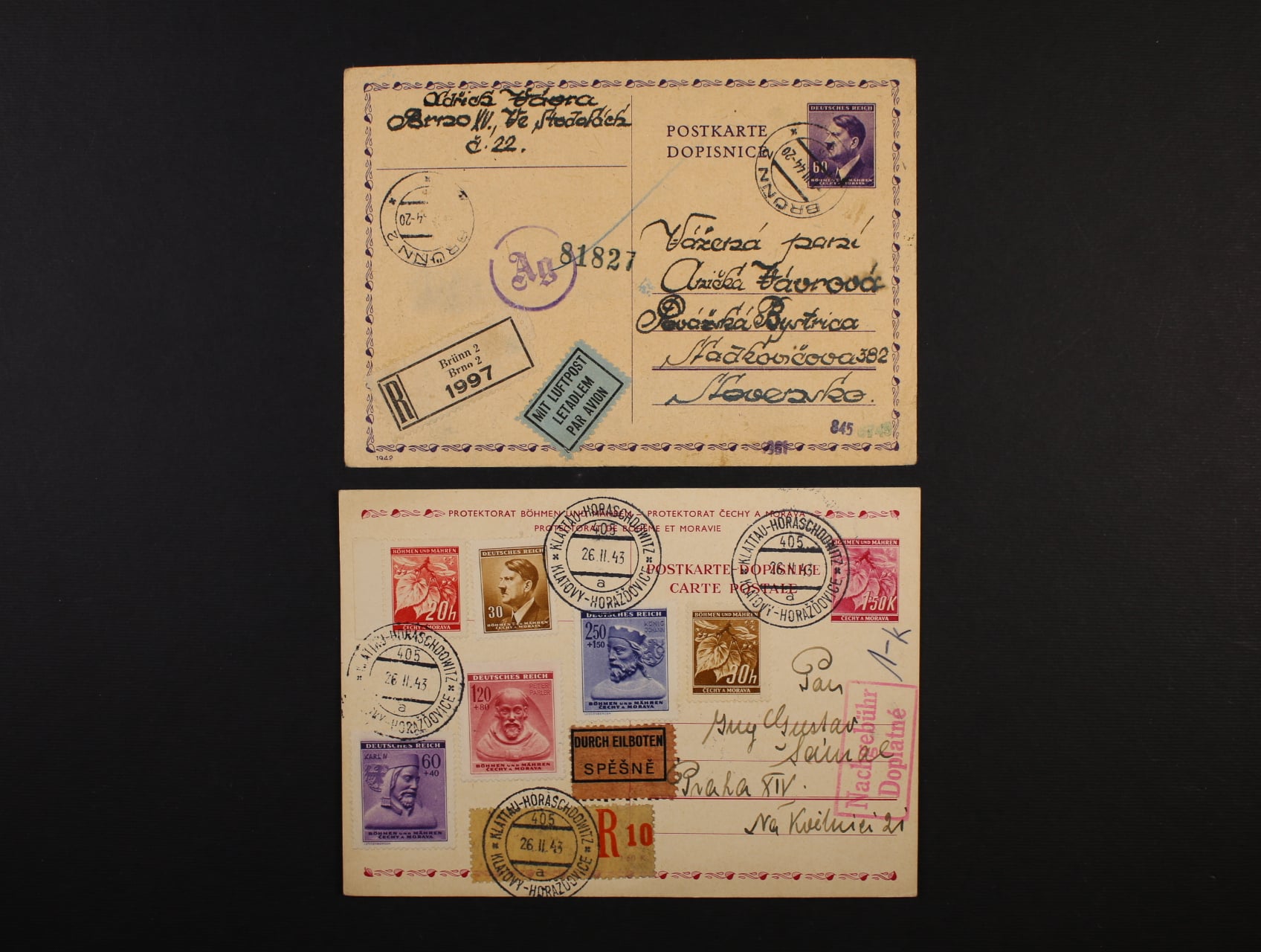 CDV č. 12 RECO na Slovensko, pod. raz. BRÜNN 2 1.3.44 + cenzurní raz.+ chem. cenzura a CDV č. 16 R-EXPREES na Slovensko, pod. raz. VLP 405 KLATTAU - HORASCHDOVITZ 26.2.43 + červené rámeč. dvojjazyčné