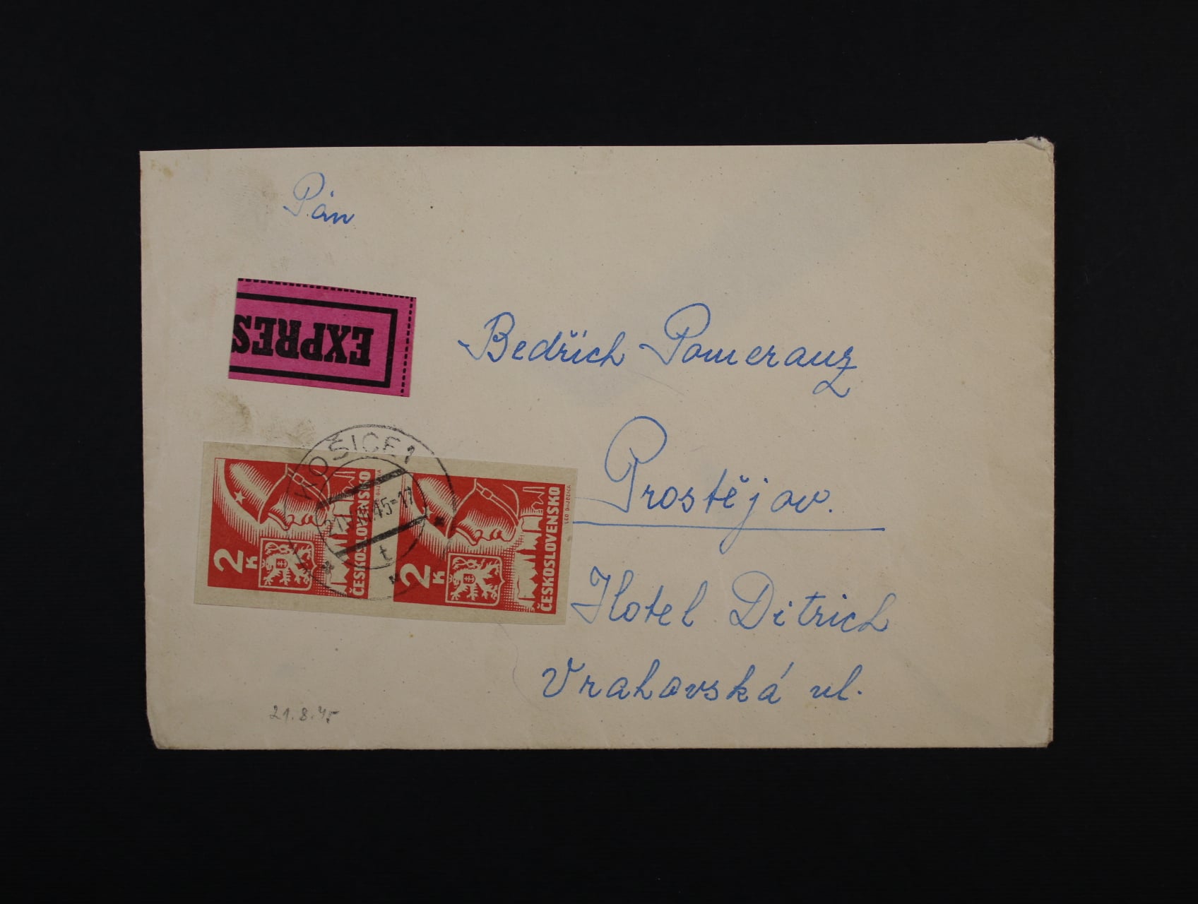 EXPRES dopis do Prostějova frank. svislou dvoupáskou zn. č. 354, pod. raz. KOŠICE 1 21.8.45