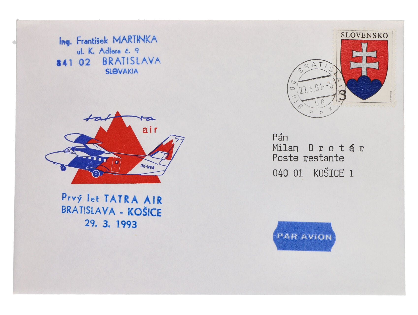 Obalka 1. letu Bratislava - Košice 29.3.1993