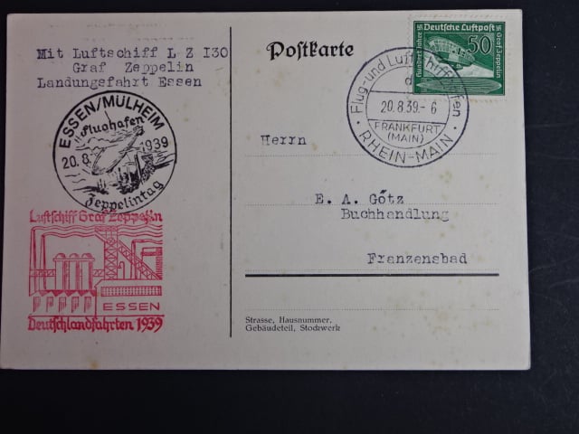 Německo, korespondenční lístek frankovaný leteckou známkou 50pf Zeppelin, přepravený vzducholodí, Luftschiff Graf Zeppelin Deutschlandfahrten 1939 Essen, podací raz. Frankfurt 20.8.1939, červený a čer
