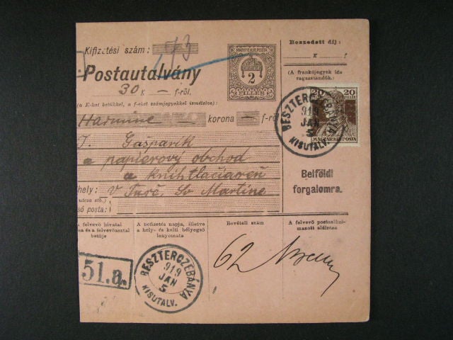 uherská průvodka 2fil bez ústřižku frank. zn. P č. 52 (Mi. 215), pod. raz. BESZTERCZEBÁNYA 5.1.1919, dobrá kvalita