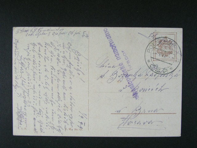 ČSR 1919 - celistvost s pod. raz. PP č. 5 5.9.19 + dvouřádkové útvar. raz. Československé námořnictvo, prapor 1
