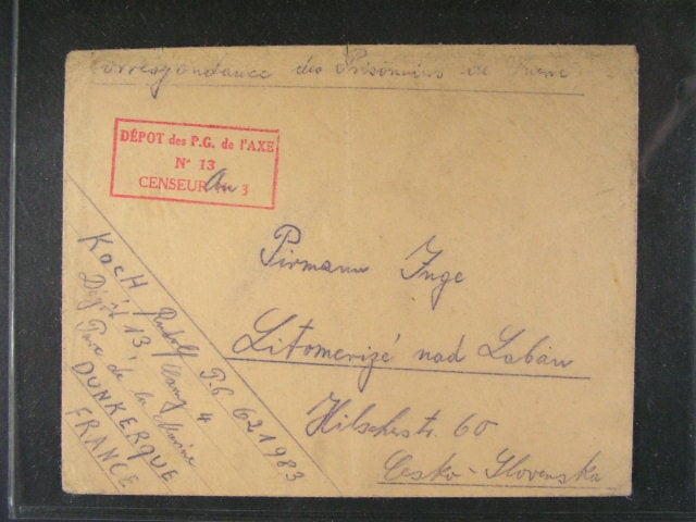 Francie - dopis do ČSR ze zajateckého tábora P.G. 621983 - Dunkerque s červeným rámeč. raz. DÉPOT des P.G. de PAXE No. 13 CENSEUR No.3, zajímavé