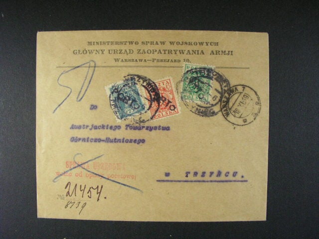 obsazení Těšínska - úřední nefrank. voj. dopis s pod. raz. WARZSAWA 12.11.19, zatíž. tr. portem 45h s dvojjazyčným raz. TŘINEC, na zadní straně úřední raz. GLOWNY URZAD ...