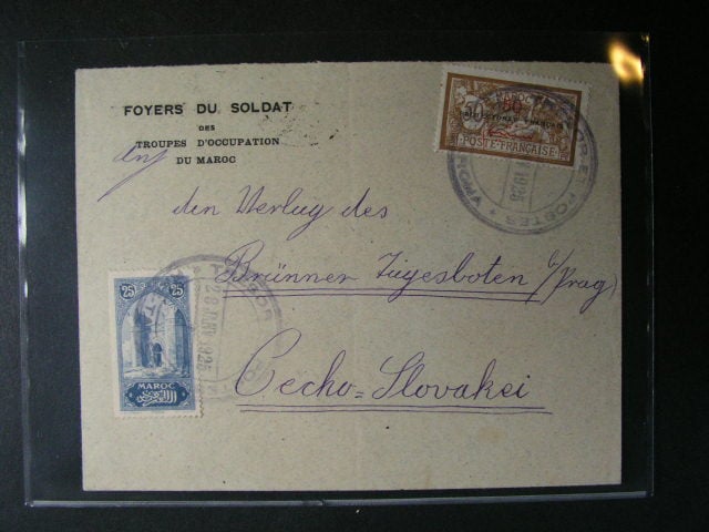 Maroko - voj. pošta v Maroku - dopis do ČSR frank. mj. zn. Mi. č. 35  výpl. zn., podací dvoukruh. fialové raz. TRESOR-ET POSTES MAE-TARCHA 28.JANV.1925, průch. raz.