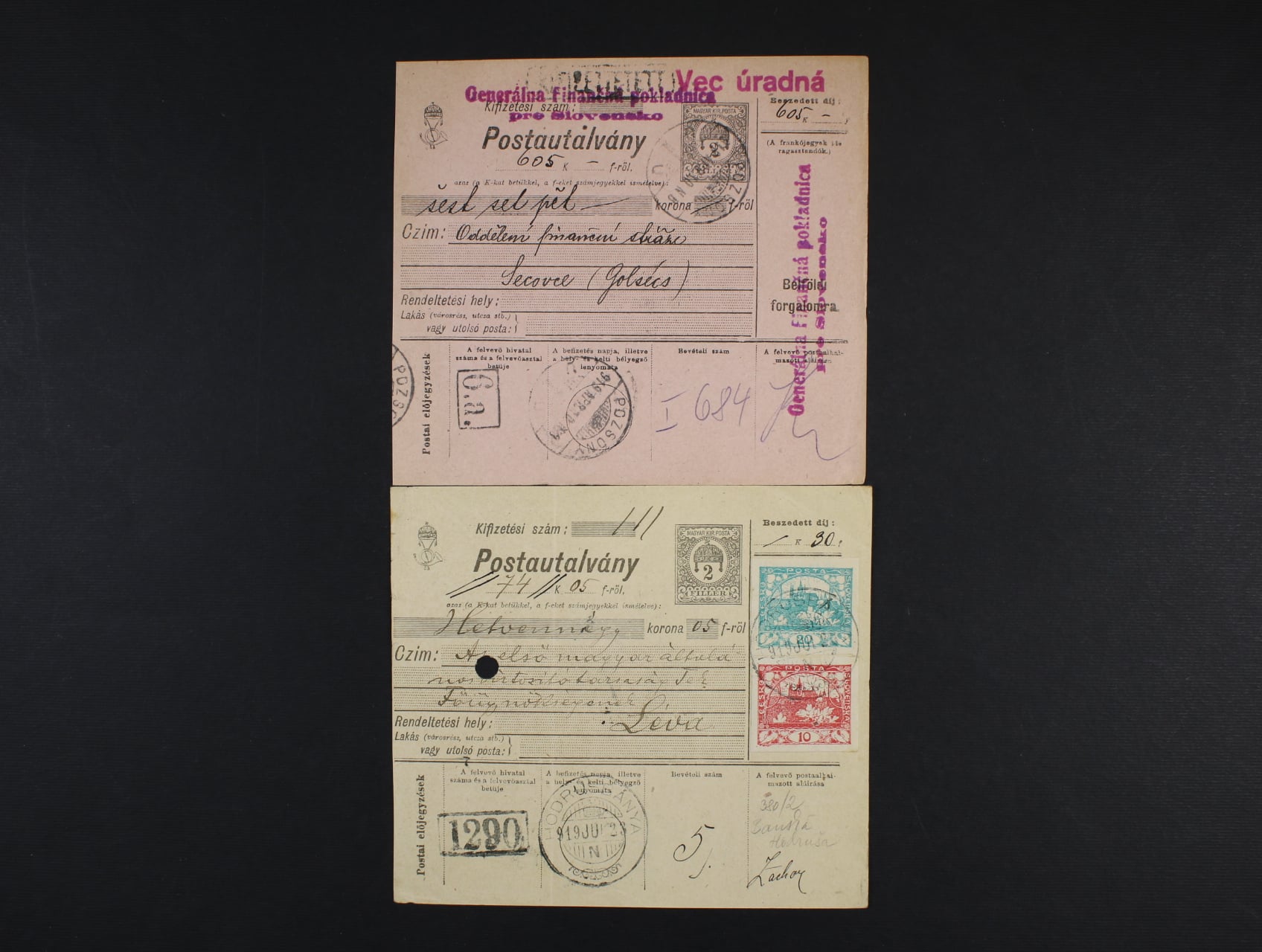 uherska penezni pruvodka 2fil dofrank. zn. c. 5 + 8 s pod. raz. HORDUBANY (Banska Hodrusa) 23.6.1919 a dtto s prid. raz. Vec uradna, pod. raz. POZSONY 10.4.19, zajimave