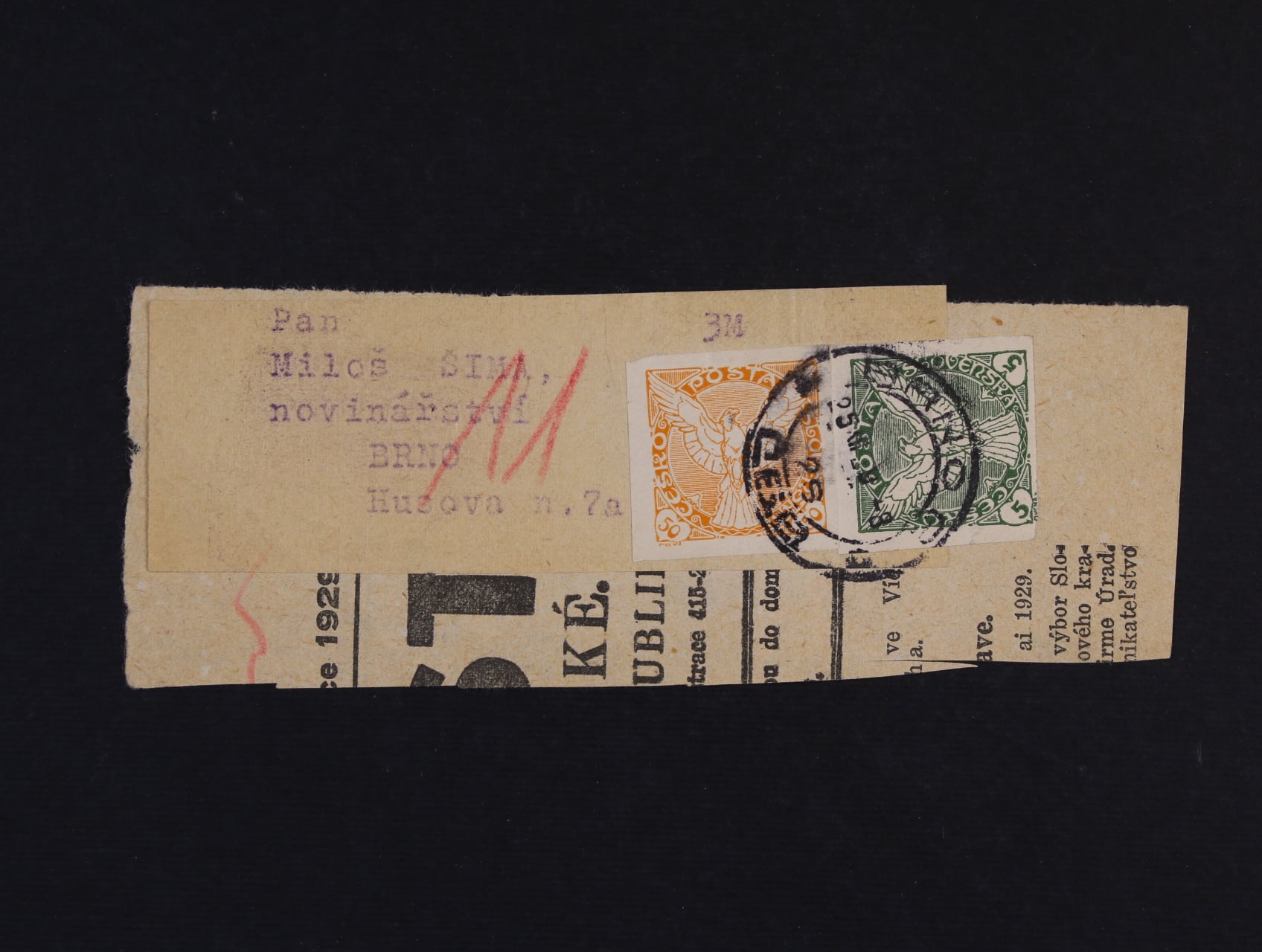 Kompl. novinova paska na casti novin do Brna vyfrank. zn. NV c. 2, NV 7 s raz. BRNO 25.12.29