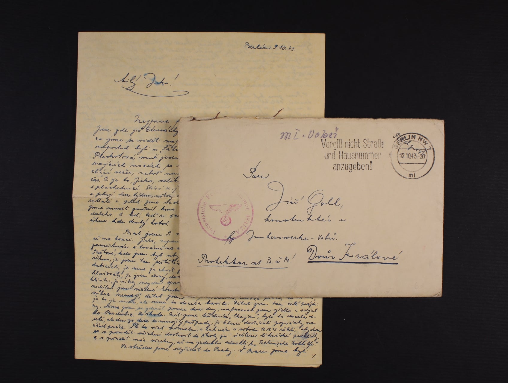 Technische Nothilfe, obalka, denni raz. BERLIN 12.10.43 + útvar. raz. FP Nr. 48412 A, odesilatel Cech, vc. zajimaveho obsahu