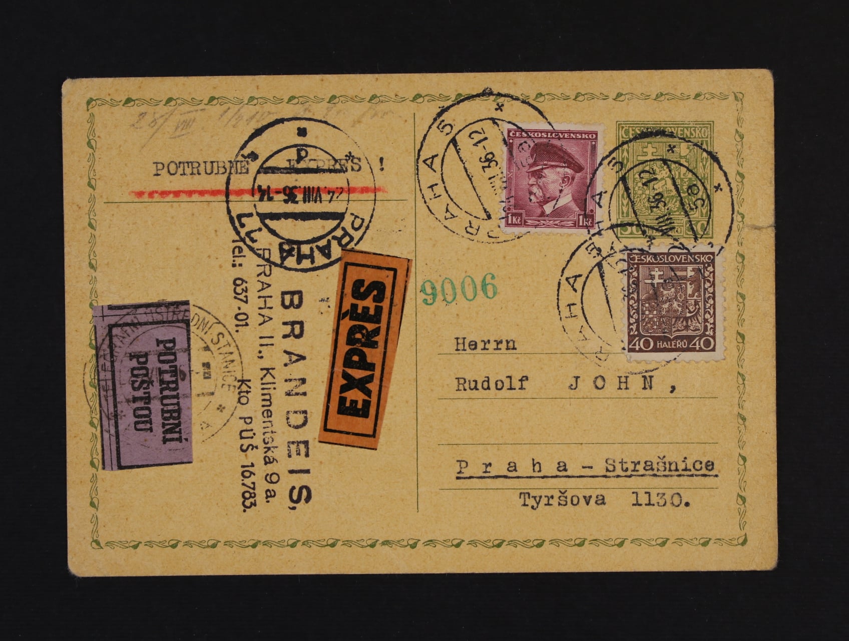 CDV č. 49 EXPRES dofrank. a přepr. potrubní poštou, pod. raz. PRAHA 5 24.8.36, průch. a přích. raz.