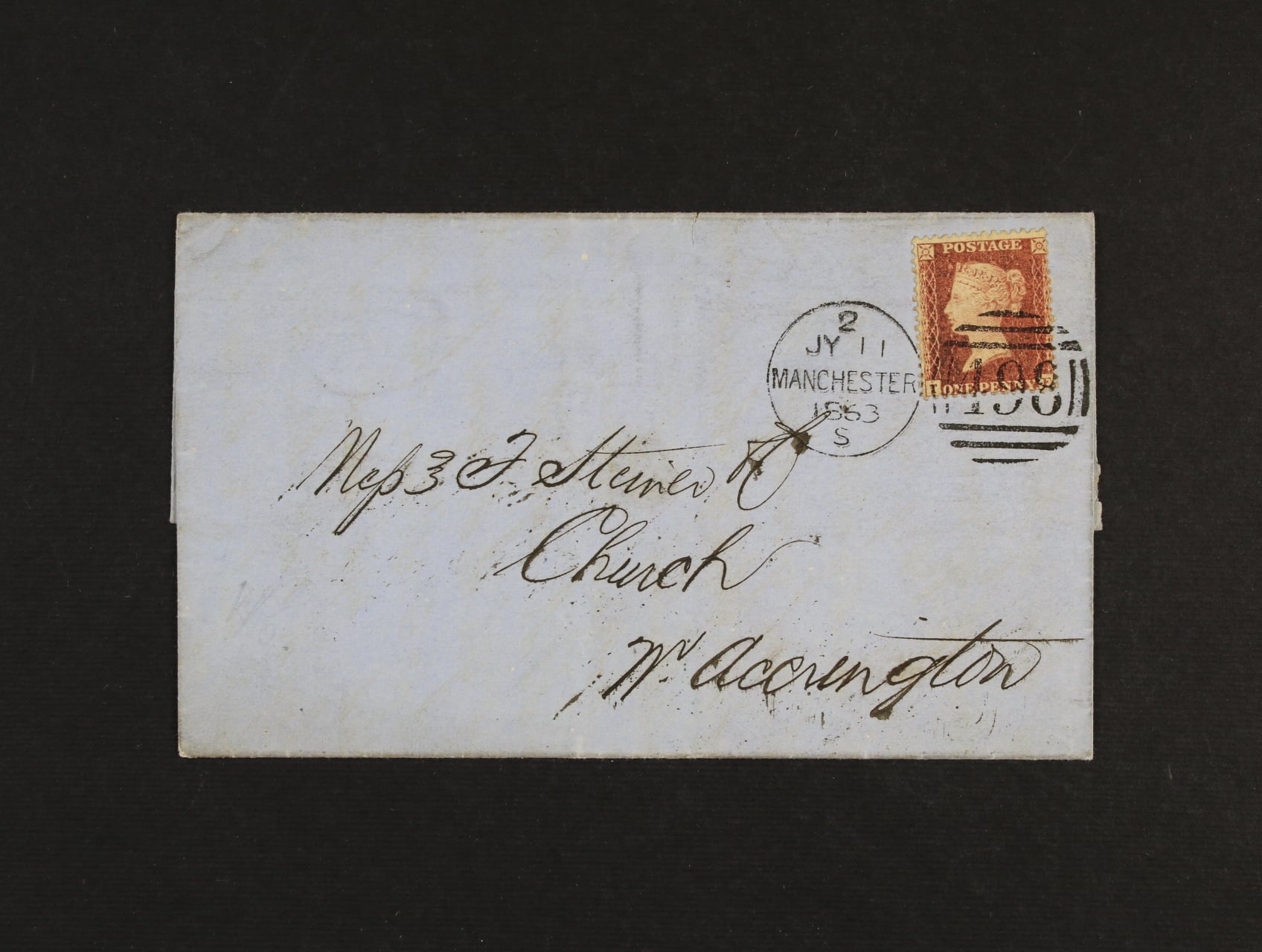 Dopis frank. zn. Mi. č. 8, pod. číselné raz. 498 + denní raz. 2.JY.MACHESTER 1863