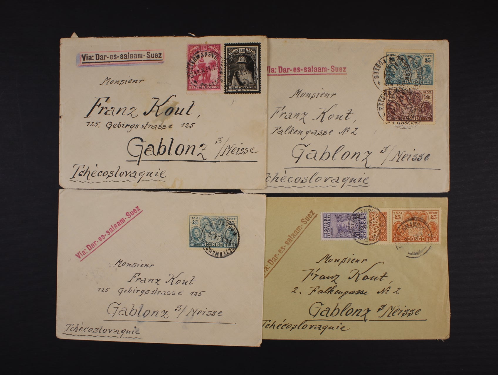 Belgické Kongo - sestava 4 ks dopisů do ČSR z let 1934 - 6, zajímavé frankatury, pod. raz. COSTERMANSVILLE + přídavné řádkové raz. Via: Dar - es - salaam Suez, zajímavé