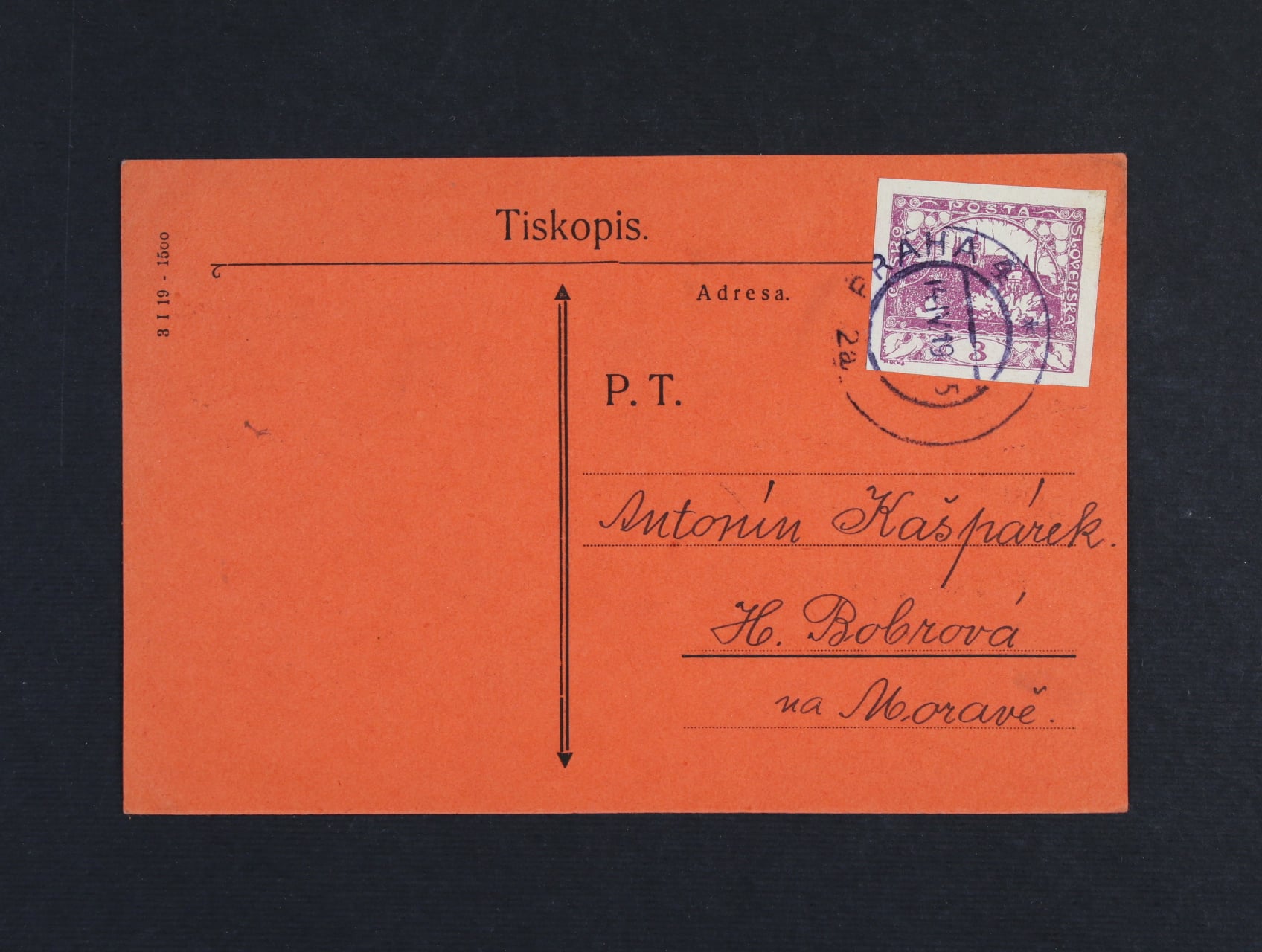 Červeny predtištěny KL pouzity jako tiskopis, frank. zn. c. 2, pod. raz PRAHA 4 14.4.19, lux. kvalita