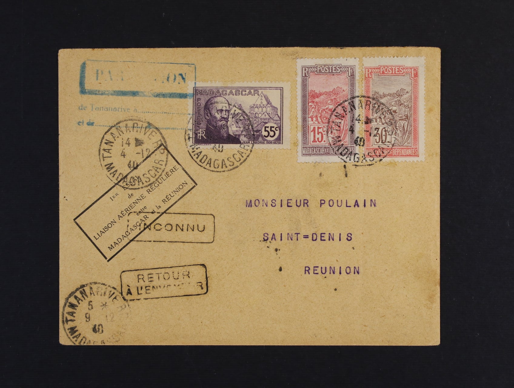 Madagaskar - let. dopis na REUNION s pod. raz. TANANARIVE - RP 4.12.40, zajimava frankatura