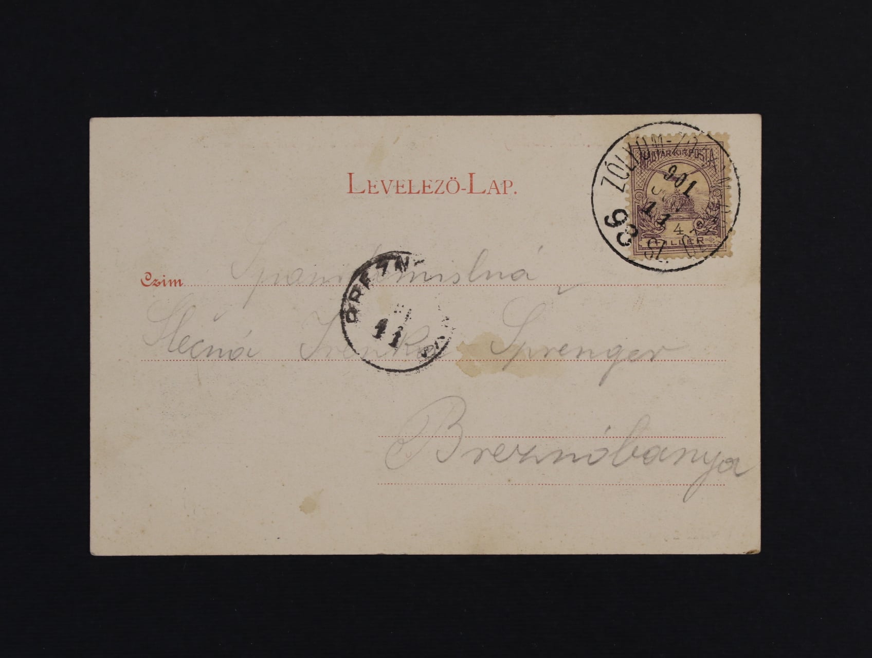Slovensko - jednobar. litograf. pohlednice Üdvözlet Beszterczebányáról (Banská Bystrica) frank. zn. 4fil. Turul, pod. raz. VLP č. 98 SZ. ZÓLIOM - ZÓLIOM - BRÉZO 11.7.1901