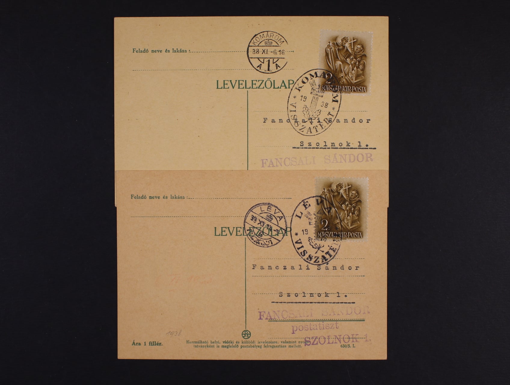 dva KL frank. maď. zn. 2fil s denním raz. LÉVA a KOÁROM 1938 + oválná raz. VISSZATÉRT, dobrá kvalita