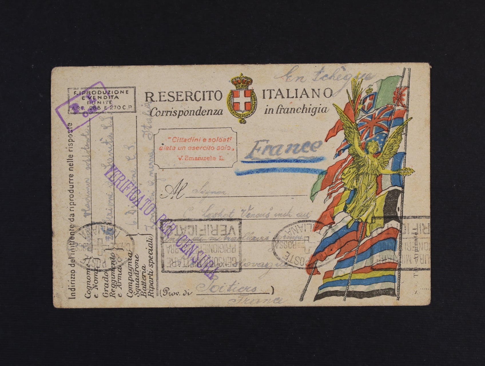Itálie - KL italské PP zaslaný do Francie mezi příslušníky čs. legií, přích. raz. POITIERS 1.9.18, zajímavé