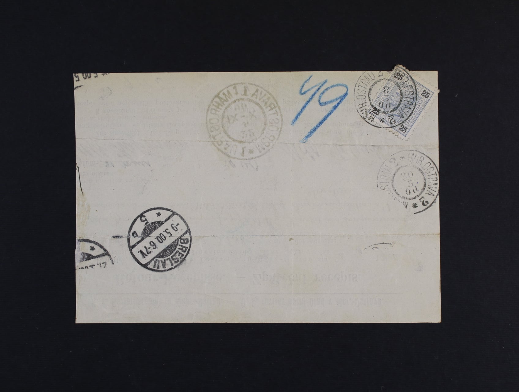 Lístek zpáteční "Rückschein" frank. na zadní straně zn . Mi. č. 76 s pod. raz. MOR: OSTRAVA 2 8.5.1900, zajímavé