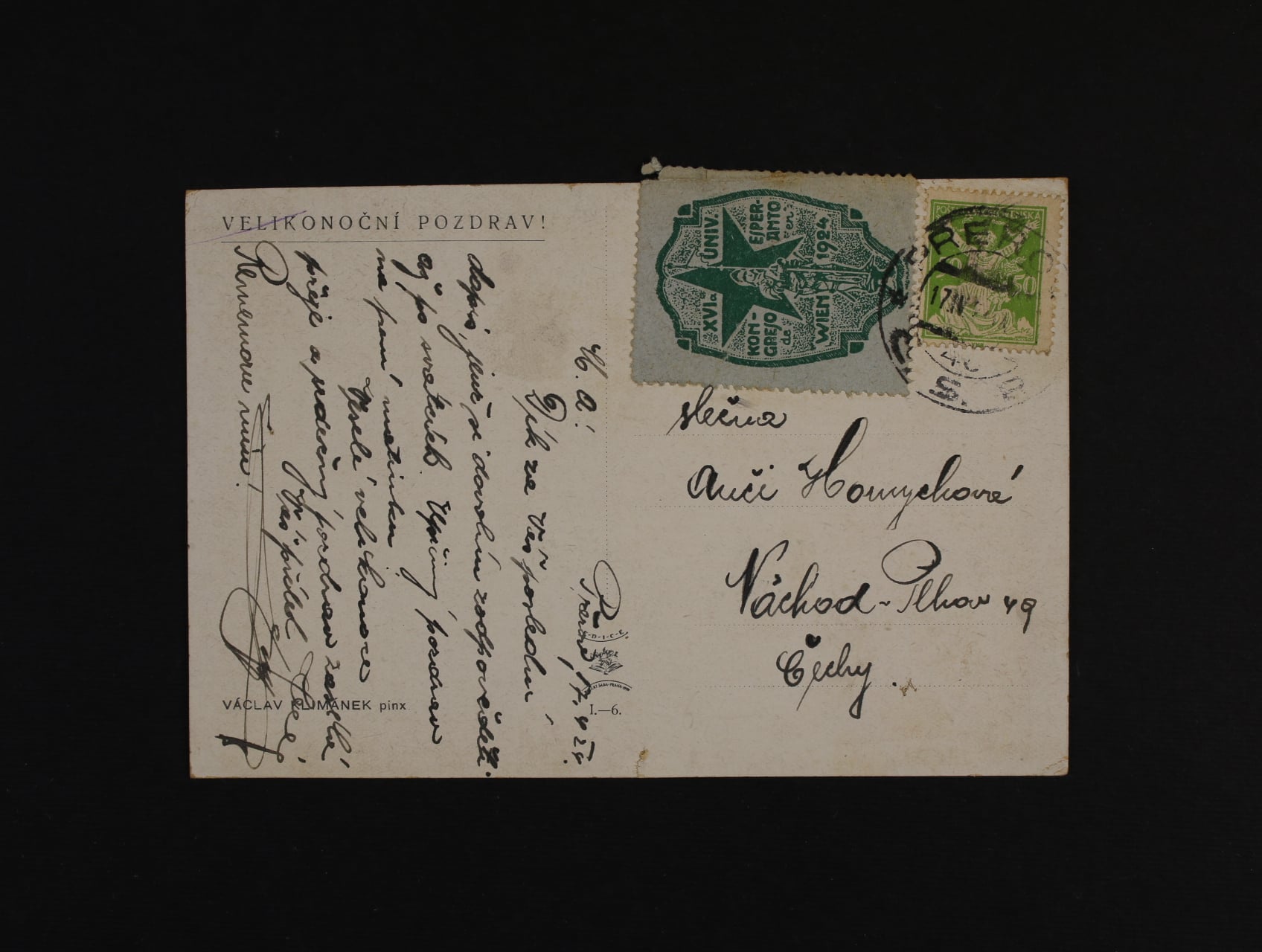 Esperanto - KL frank. zn. 50h OR s dolepenou nálepkou XVIa UNIV. KONGRESO de ESPERANTO en WIEN 1924