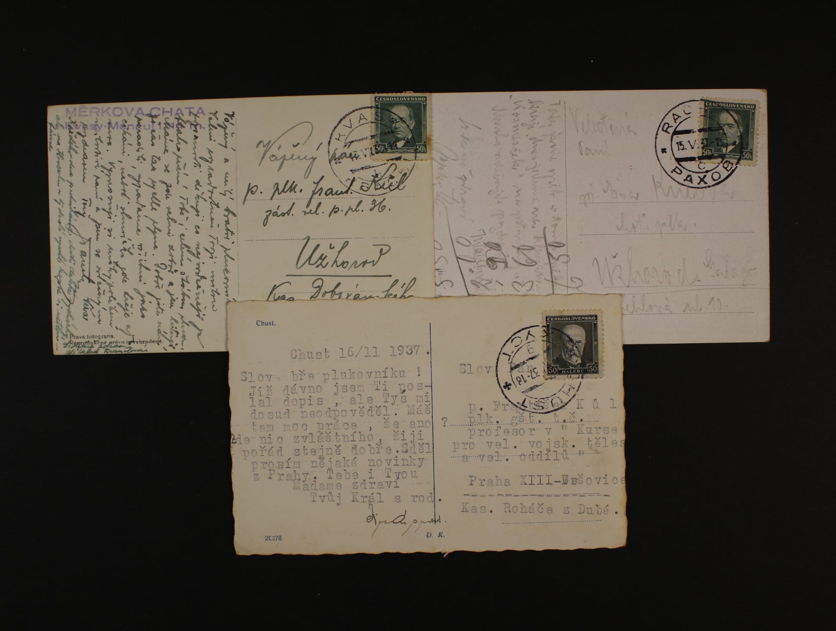 Tři celistvosti z r. 1937 s pod. dvojjazyčnými raz. CHUST, KVASY, RACHOVO