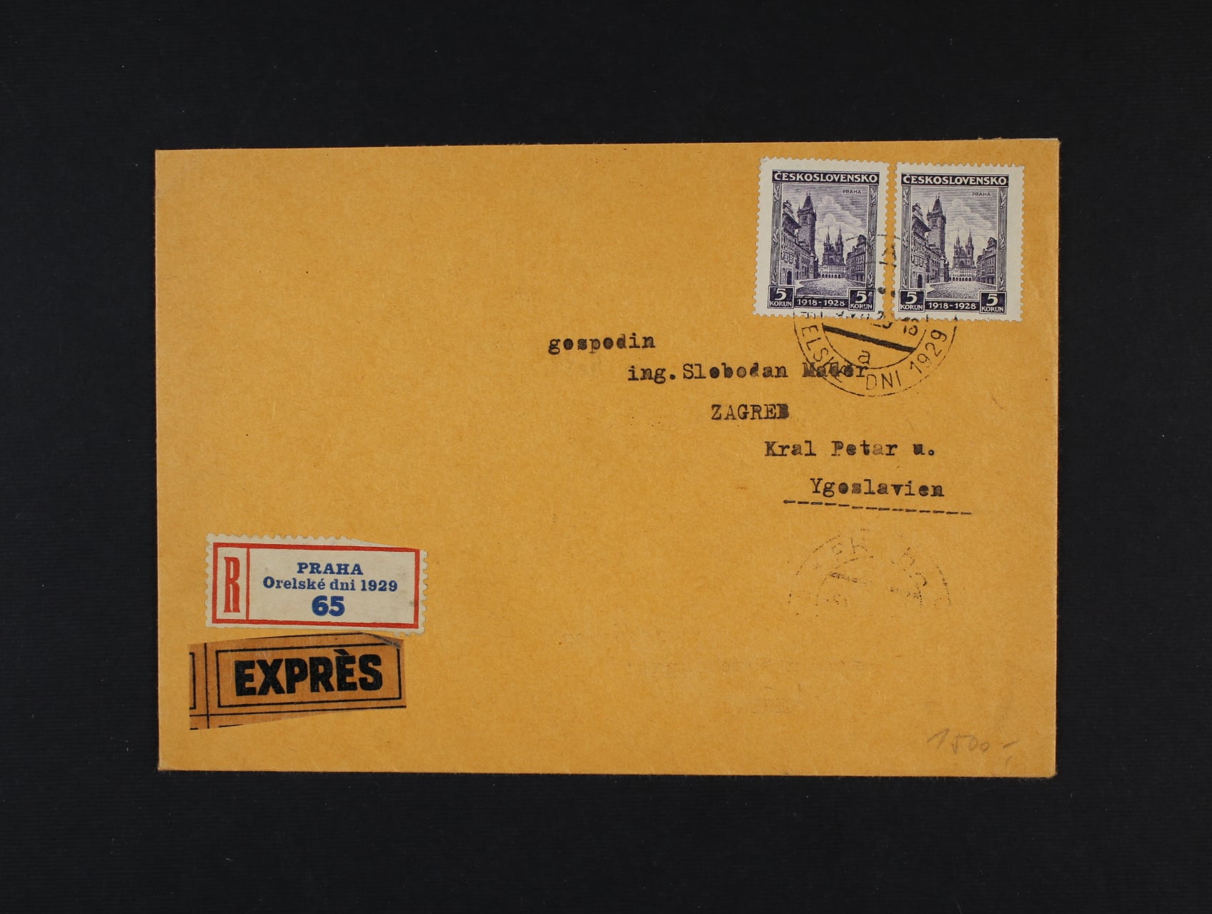 R-EXPRES dopis do Jugoslavie frank. zn. č. 242 (2x), R-nalepka a pod. raz. PRAHA ORELSKE DNI 1929, V. tarifní období, vzácne