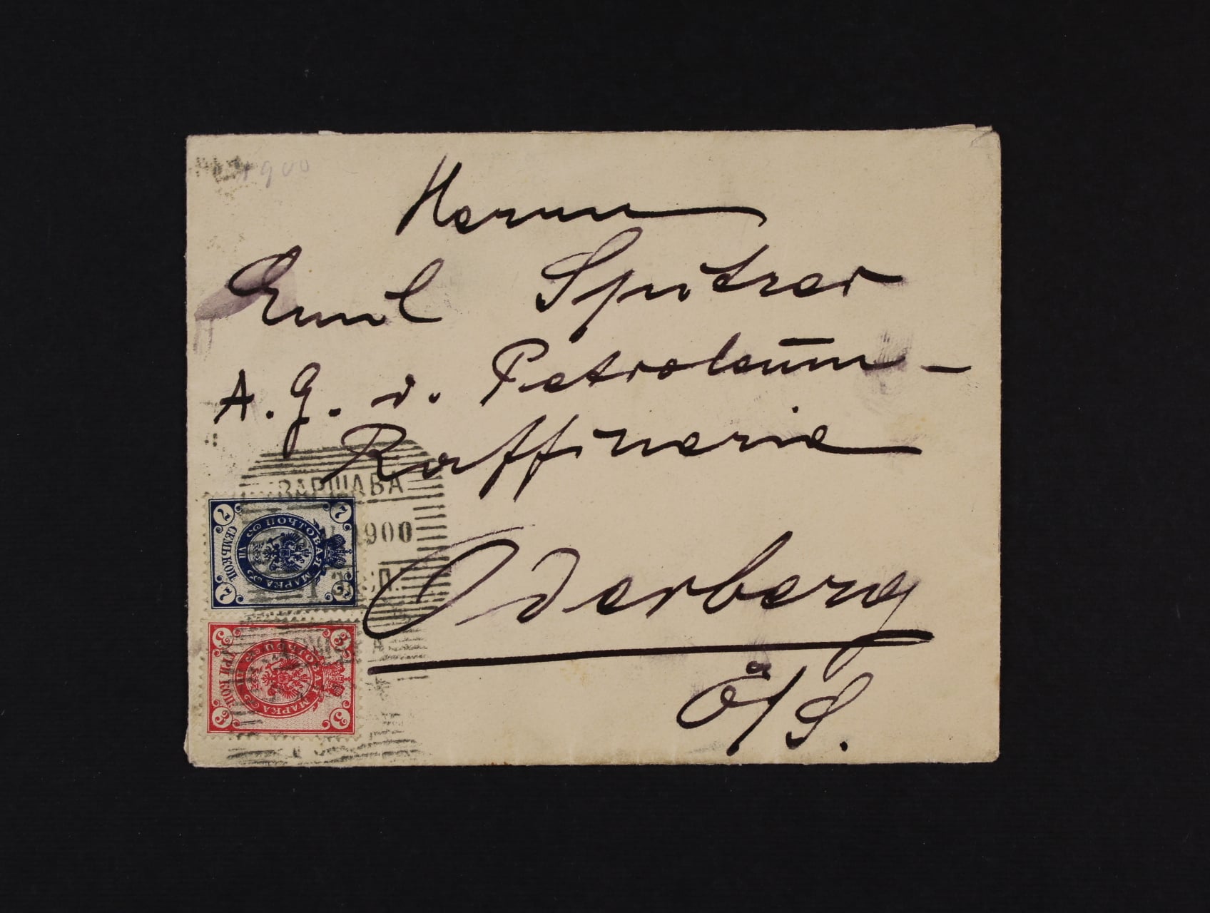 Dopis malého formátu do Bohumína frank. zn. 3 + 7kop, pod. raz. WARŠAVA 18.2.1900, průch. a přích raz. BOHUMÍN 21.2.1900, zajímavé