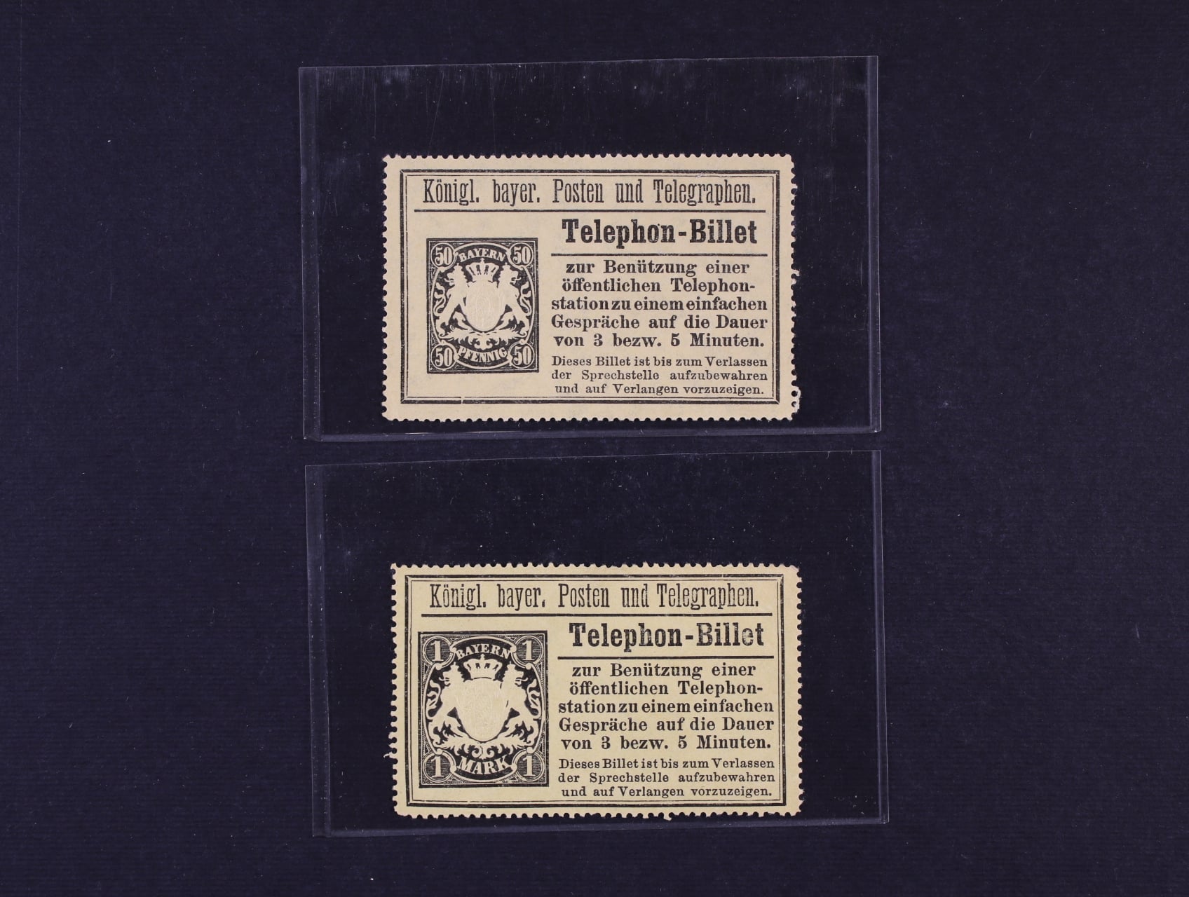 Bavorsko - Telephon-Billet vydání 1894 50pf a 1M na žlutém papíře s průsvitkou