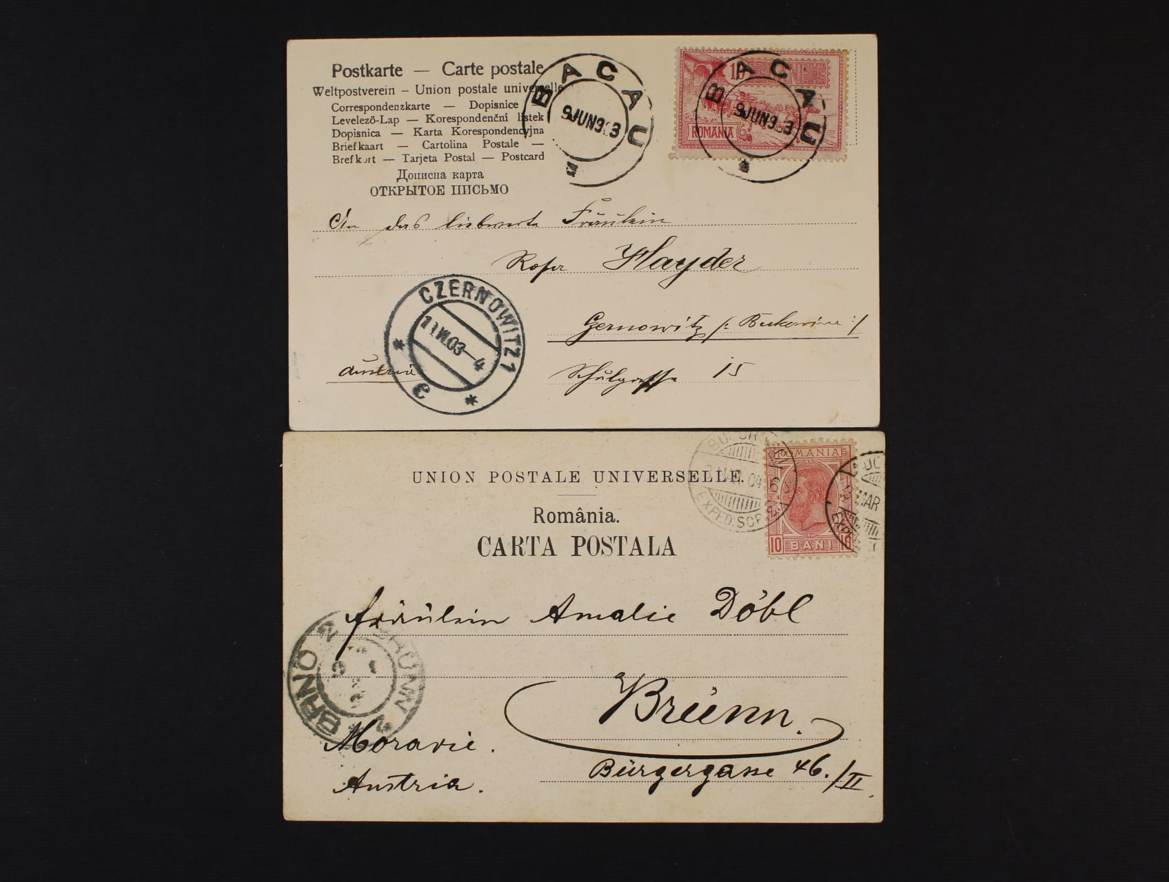 Celistvost frank. zn. Mi. č. 133 s raz. BUCURESCI 3.3.04 a celistvost frank. zn. Mi. 149 s raz. BACAU 9.6.03, zajímavé, přích. raz.
