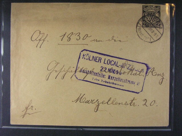 obálka privátní pošty se zn. 2pf, pod. raz. KÖLNER PRIVATPOST 22.NOV.98 + příd. rámeč. raz. KÖLNER LOCAL - ANZEIGER ...