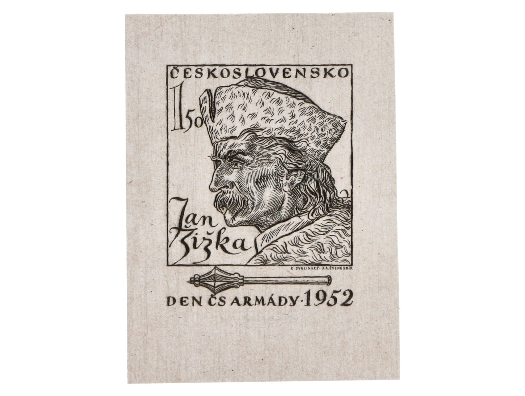 Orig. otisk rytiny ke zn. č. 687, Jan Žižka,v černé barvě na kousku kříd. papíru bez lepu, zk. Karásek