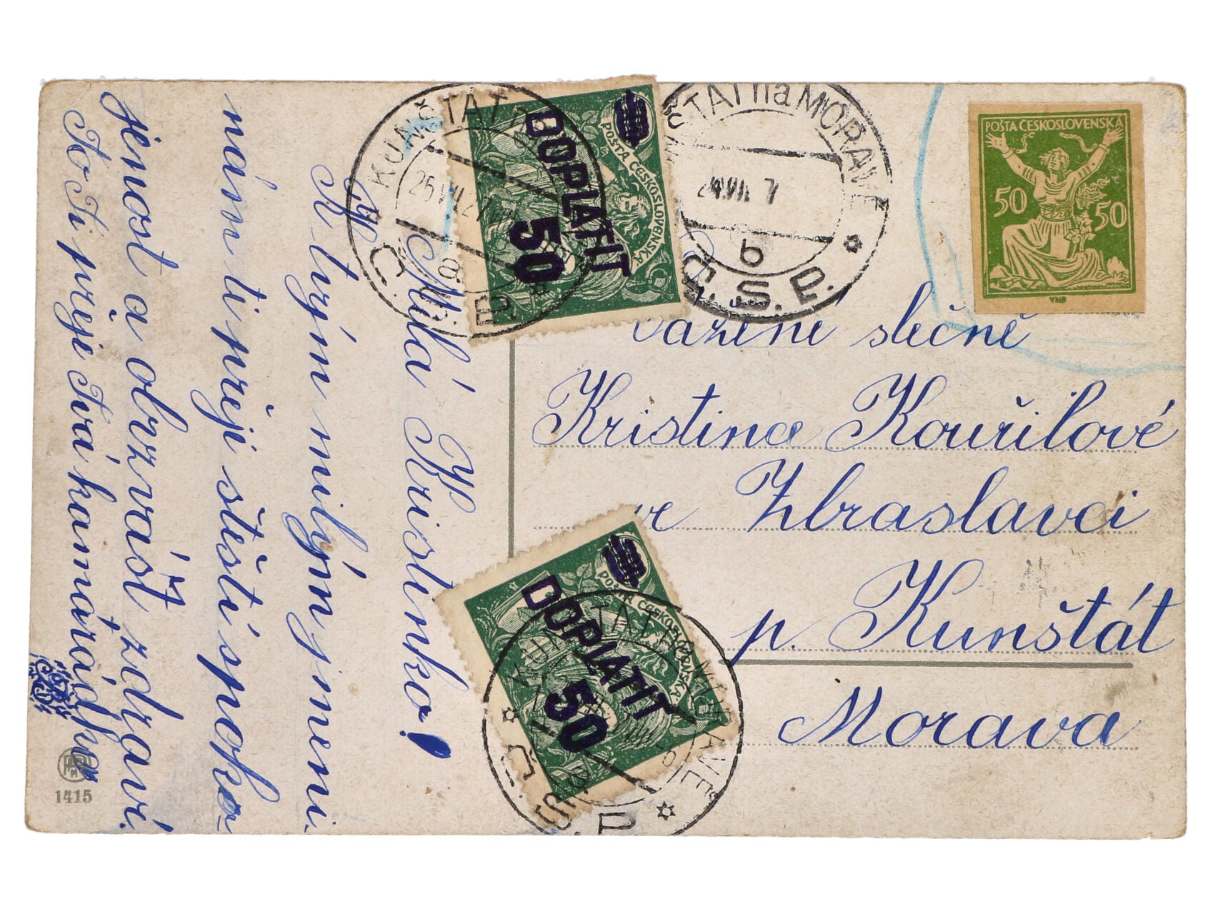 Pohlednice vyfrank. zn. vystřiženou z CDV, poštou neuznané a zatížená 2 ks doplatní zn. č. DL 45..