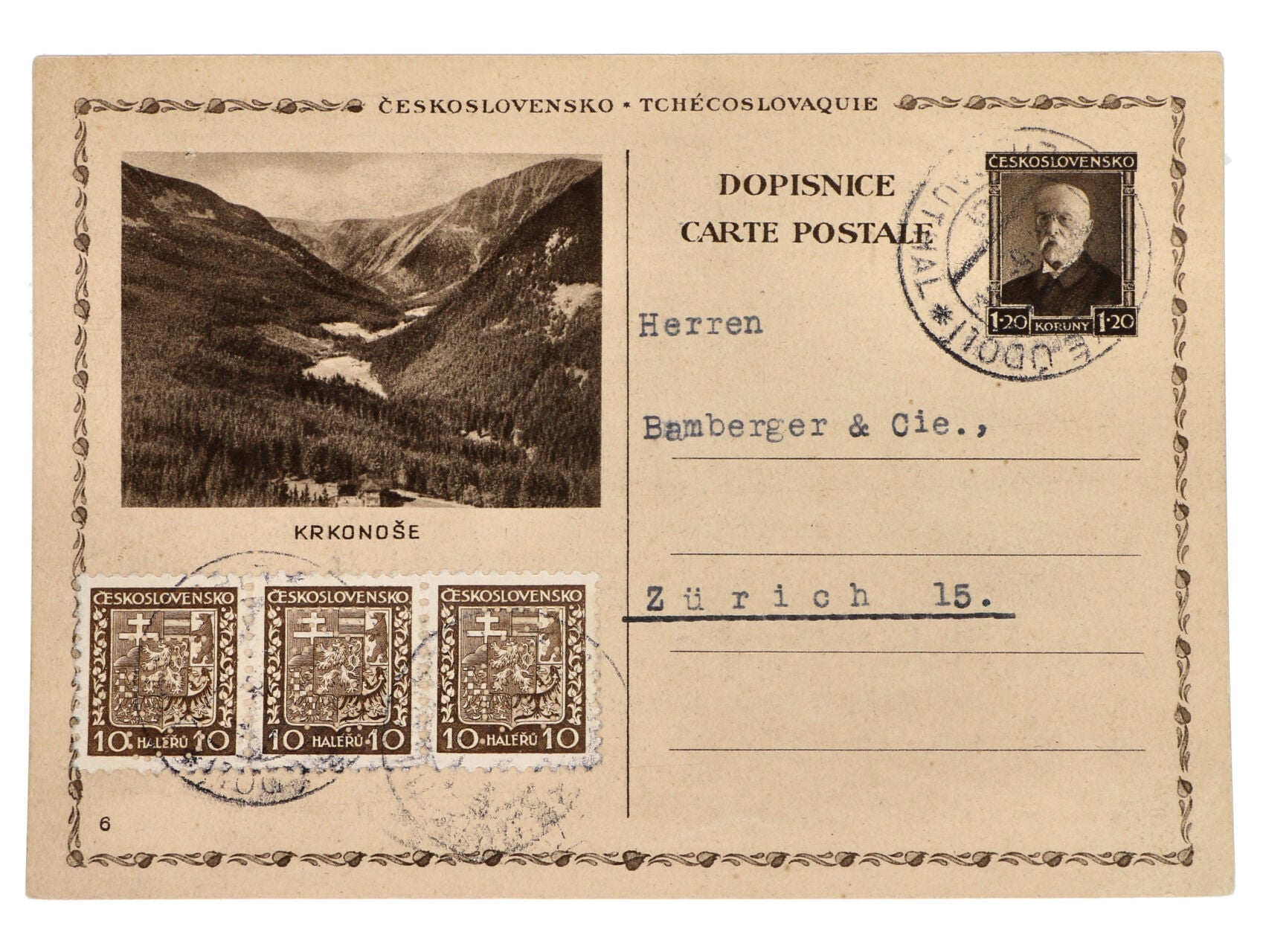 CDV č. 67 - 6, odeslaná do Zürichu, dofrank. třípaskou zn. č. 249..