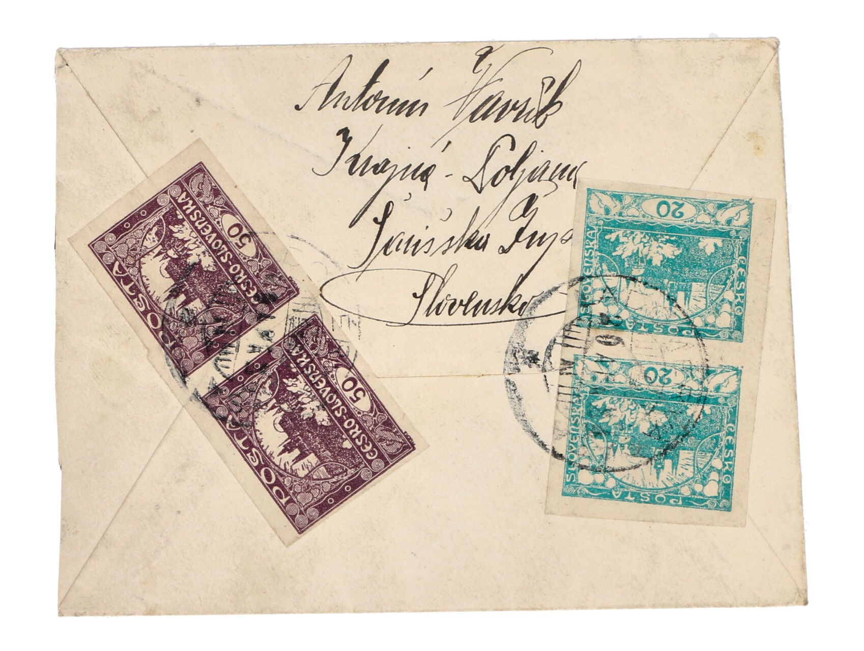 R-EXPRES dopis do Brna s českou R-nál. LADOMÍROV frank. na zadní str. zn. č. 8, 15 ve dvoupáskách s pod. uherským raz. LADOMER 20.AUG.19, zajímavé