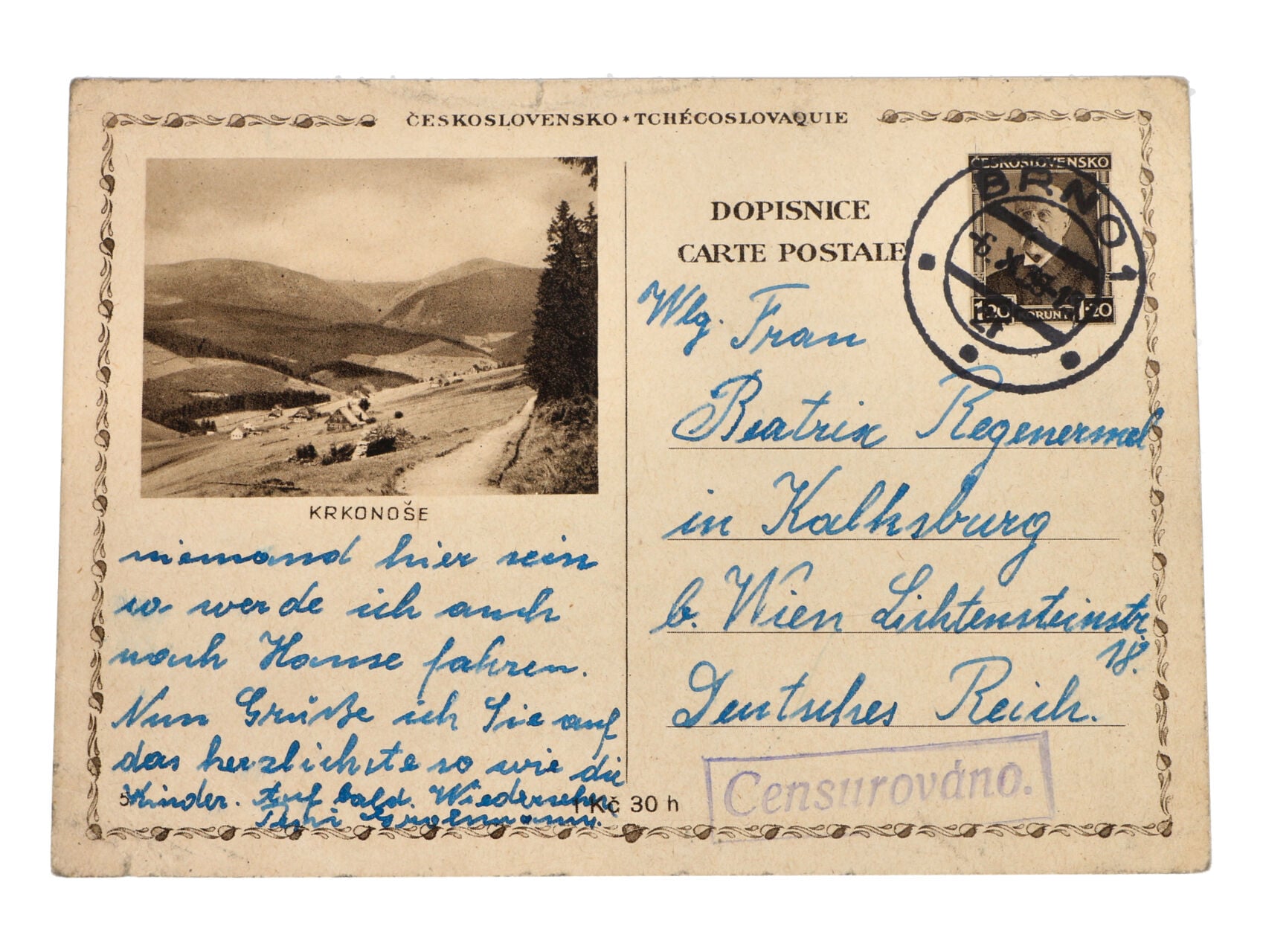 předběžné - čs. CDV č. 46/5 do Německa, pod. raz. BRNO 1 6.10.38, přídavné rámeč. raz. Cenzurováno, stopy pošt. provozu