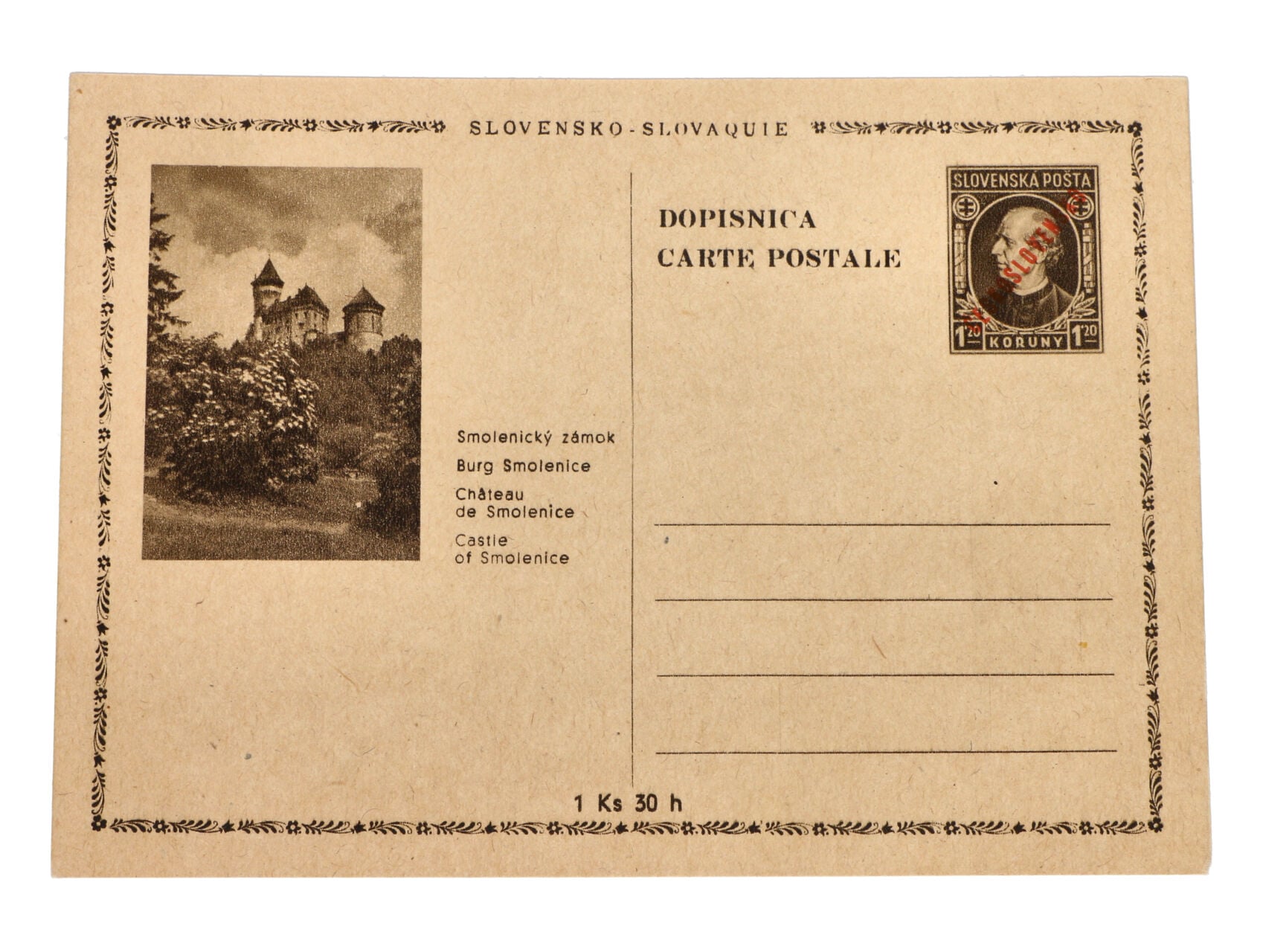 slovenská celina CDV č. 4/18a chybotisk strom vlevo s příčným červeným přítiskem ČESKOSLOVESNSKO, nepoužitá, dobrá kvalita