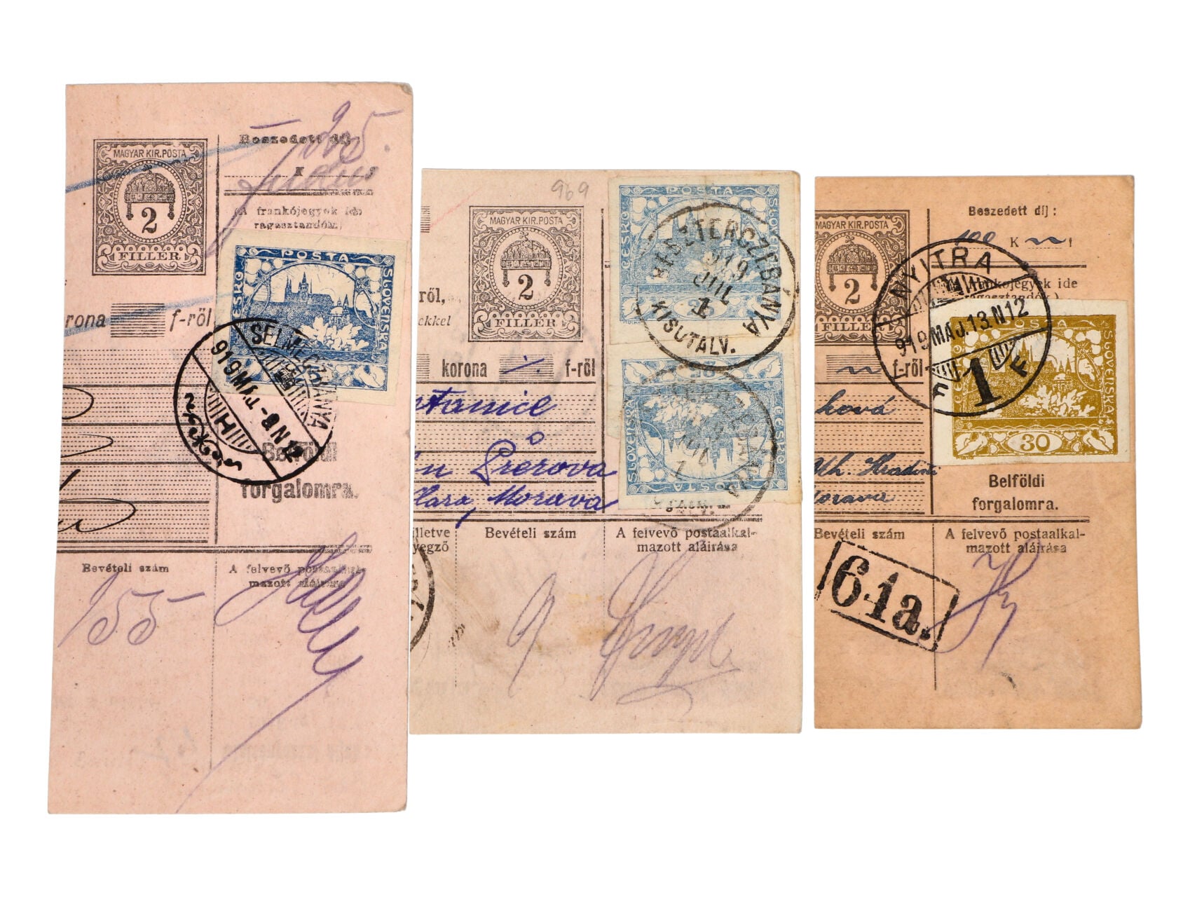 sestava 3 ks ústřižků pošt. průvodek s natištěnou uherskou zn. 2fil. dofrank. zn. Hradčany č. 10a (2x) s raz. BESZTERCEBANIA 1.JUL.1919 (Banská Bystrica), resp. dofrank. zn. č. 10 s -