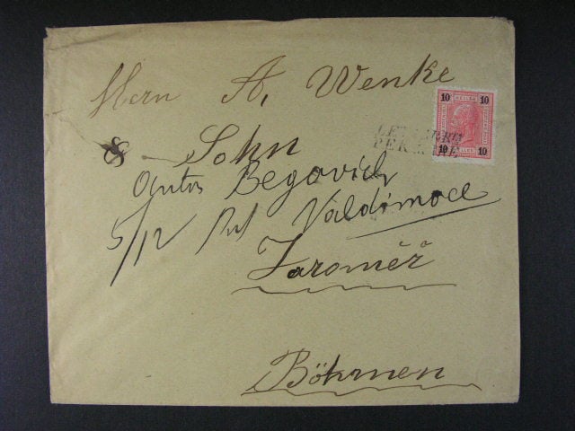 dopis do Čech frank. zn. Mi. č. 89 s pod. raz. LETTRA ARRTA PER MARE + přích. raz. JAROMĚŘ 1903
