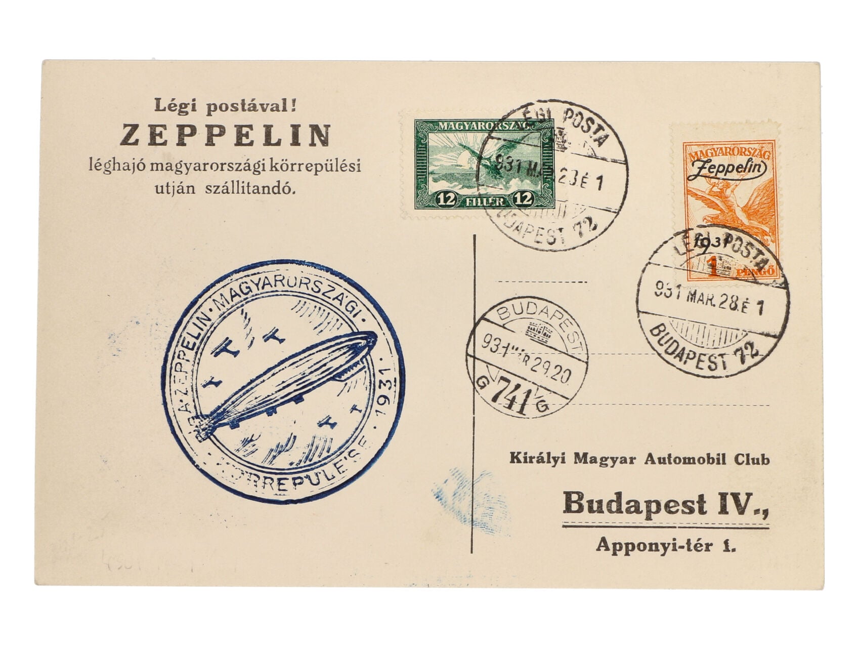 Maďarsko - celistvost do Budapešti frank. zn. Mi.č. 430 a 478, pod. raz. BUDAPEST 72 28.3.1931 + přídavný modrý let. kašet a přích. raz. BUDAPEST