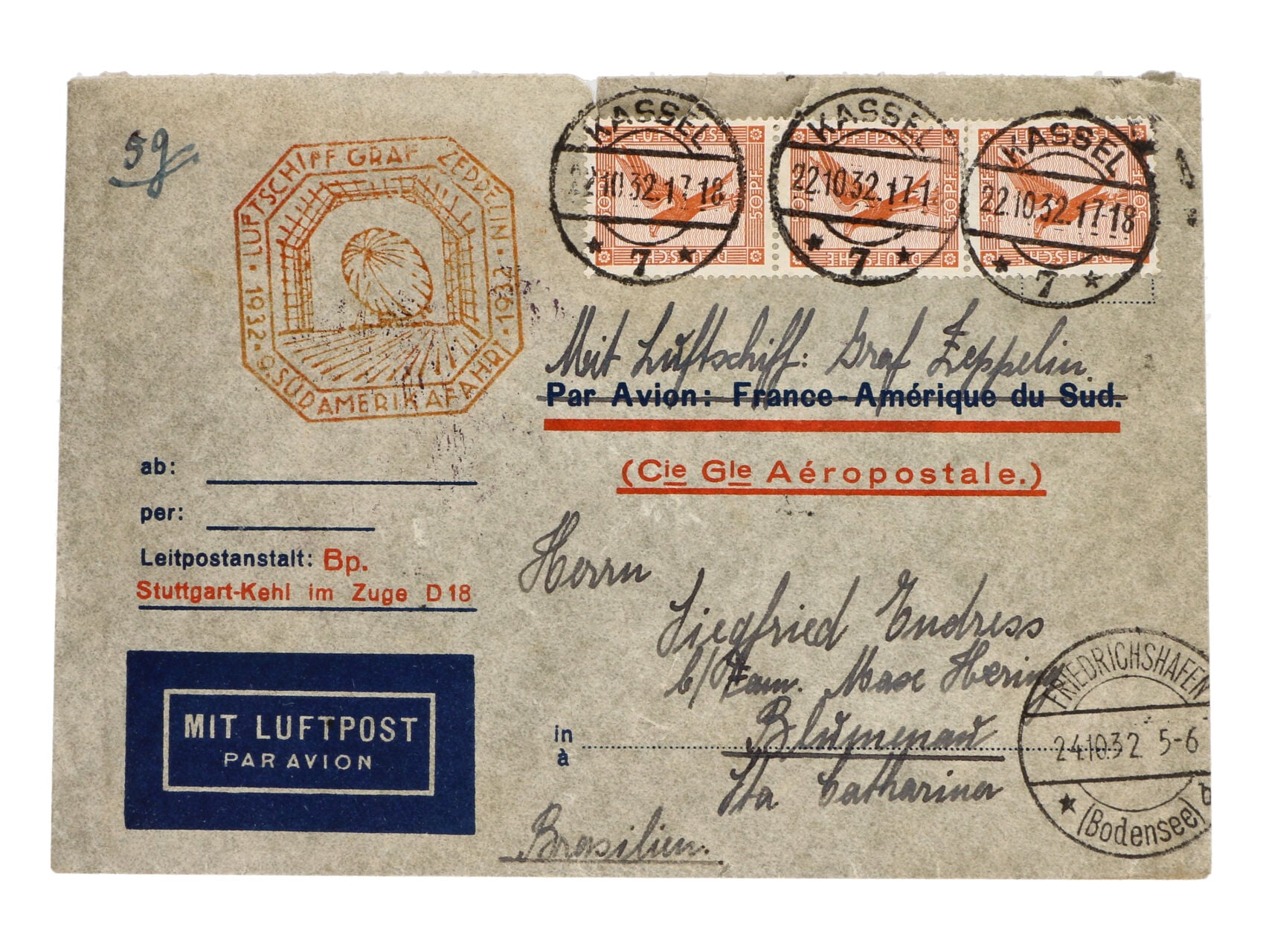 Německo - předtištěná obálka do Brazílie frank. svislou třípáskou zn. Mi. č. 381, pod. raz. KASSEL 22.10.32 + oranžový let. kašet S.A.F 1932 + průch. a přích. raz.