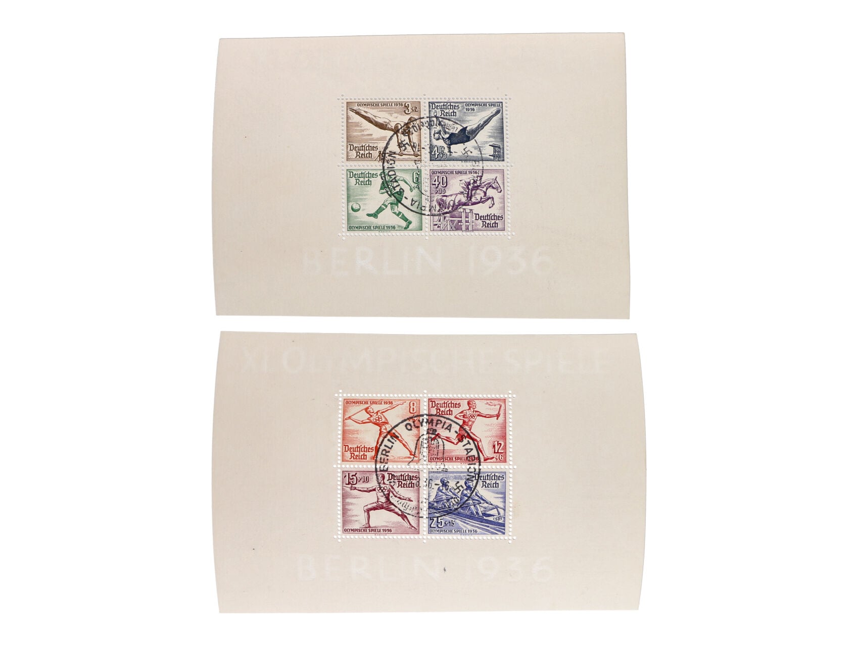 Bl. Mi. 5 + Bl. 6 s pam. olympyjským raz. a R-dopis do Stuttgartu frank zn. Mi. č. 609 - 616 s pod. raz. BERLIN FAHRBARES POSTAMT 15.8.36 + přích. raz.