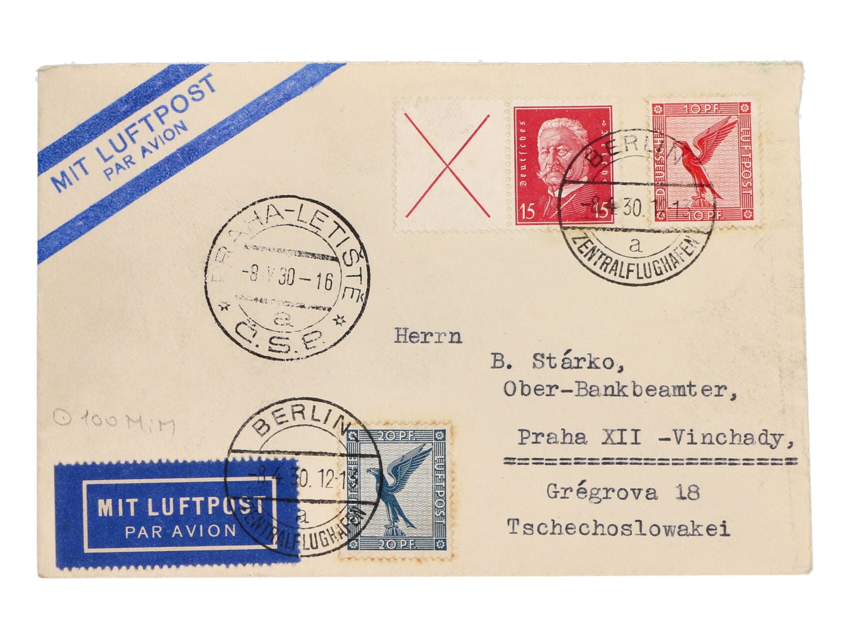 let. dopis do Prahy frank. zn. Mi. č. 379, 380 + W 30, pod. raz. BERLIN ZENTRAL FLUGHAFEN 8.4.30 + přích. raz. PRAHA LETIŠTĚ 8.4.30